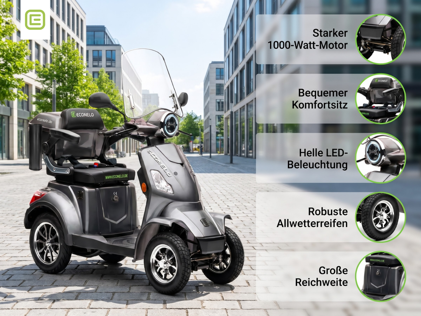 E-Seniorenmobil Venezia Blei-Akku, 4-Rad, 1000 Watt, Grau