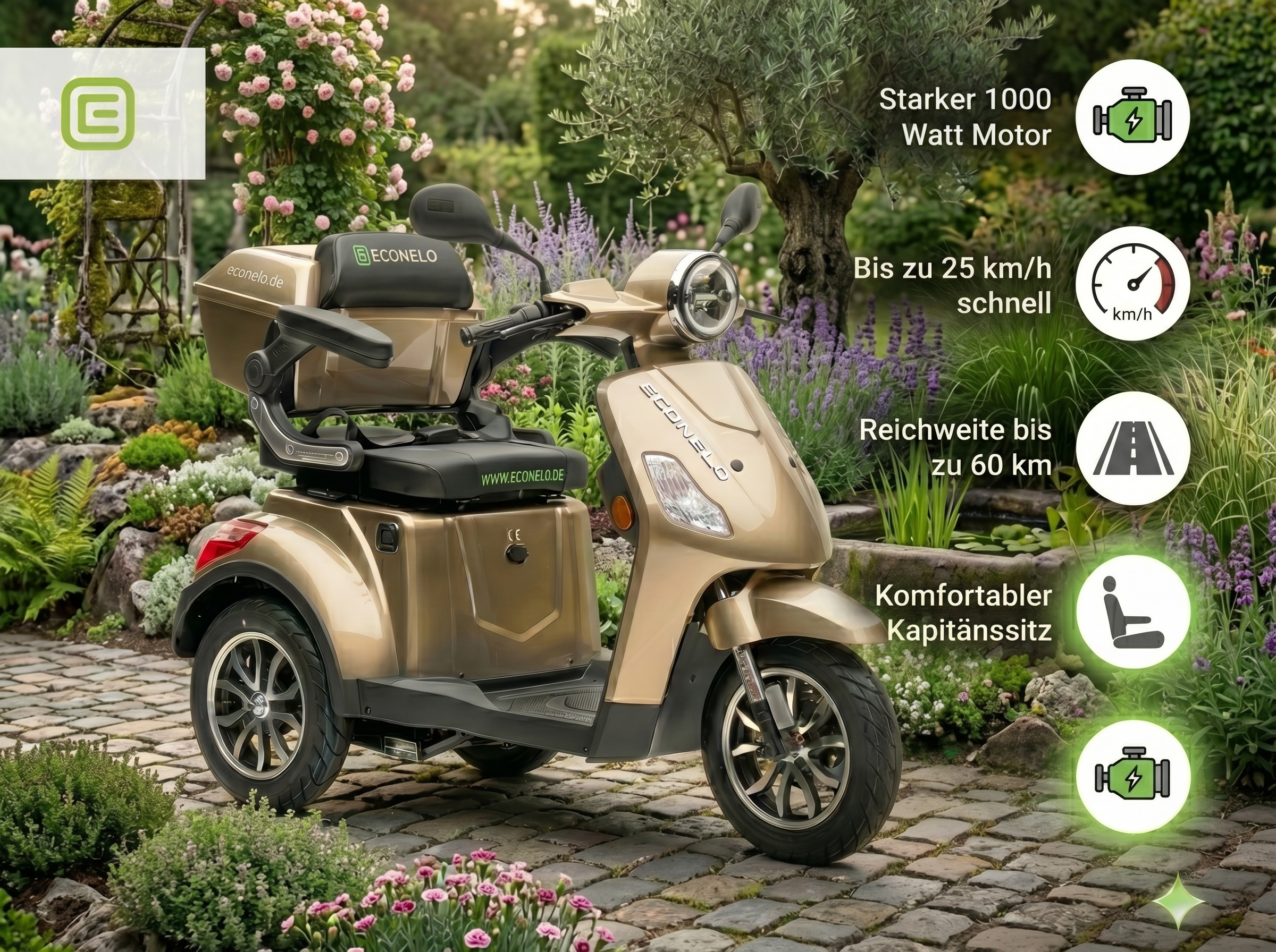 Seniorenmobil P1000, Blei-Akku, 25 km/h, 1000 Watt, Braun