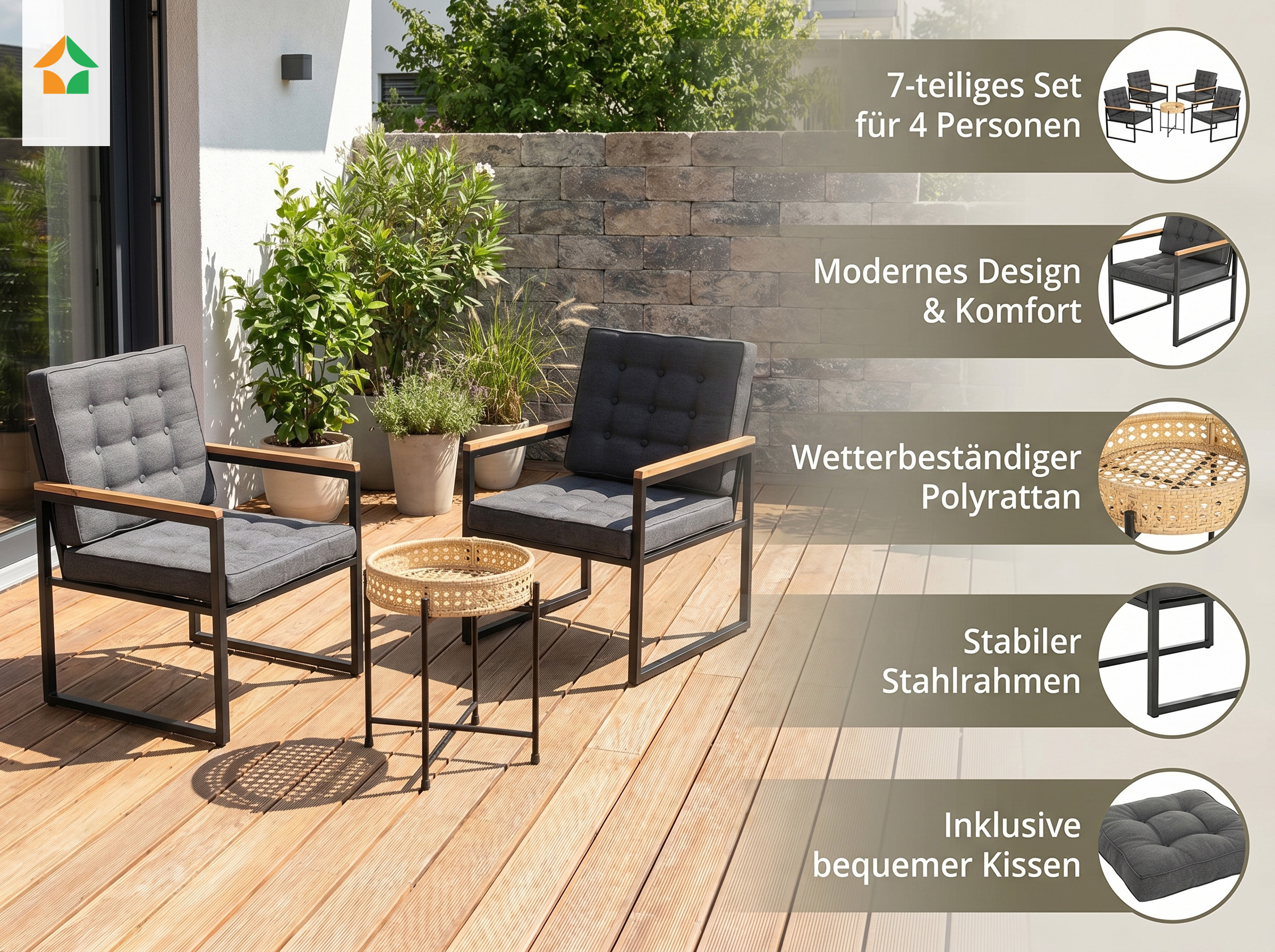 7tlg. Bistro-Set inkl. Kissen 