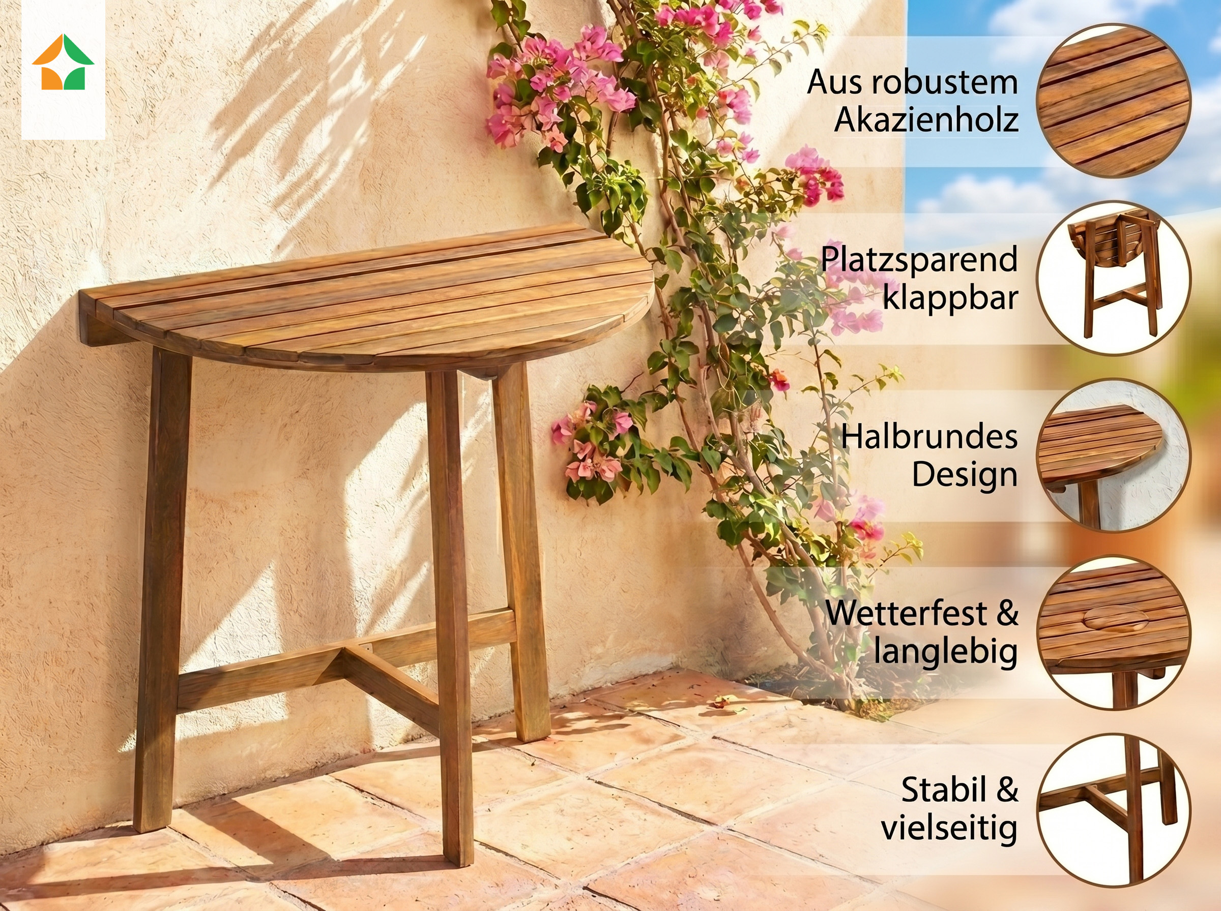Klappbarer Beistelltisch halbrund aus Akazienholz - FSC 100% ca. 80x44,5x71 cm