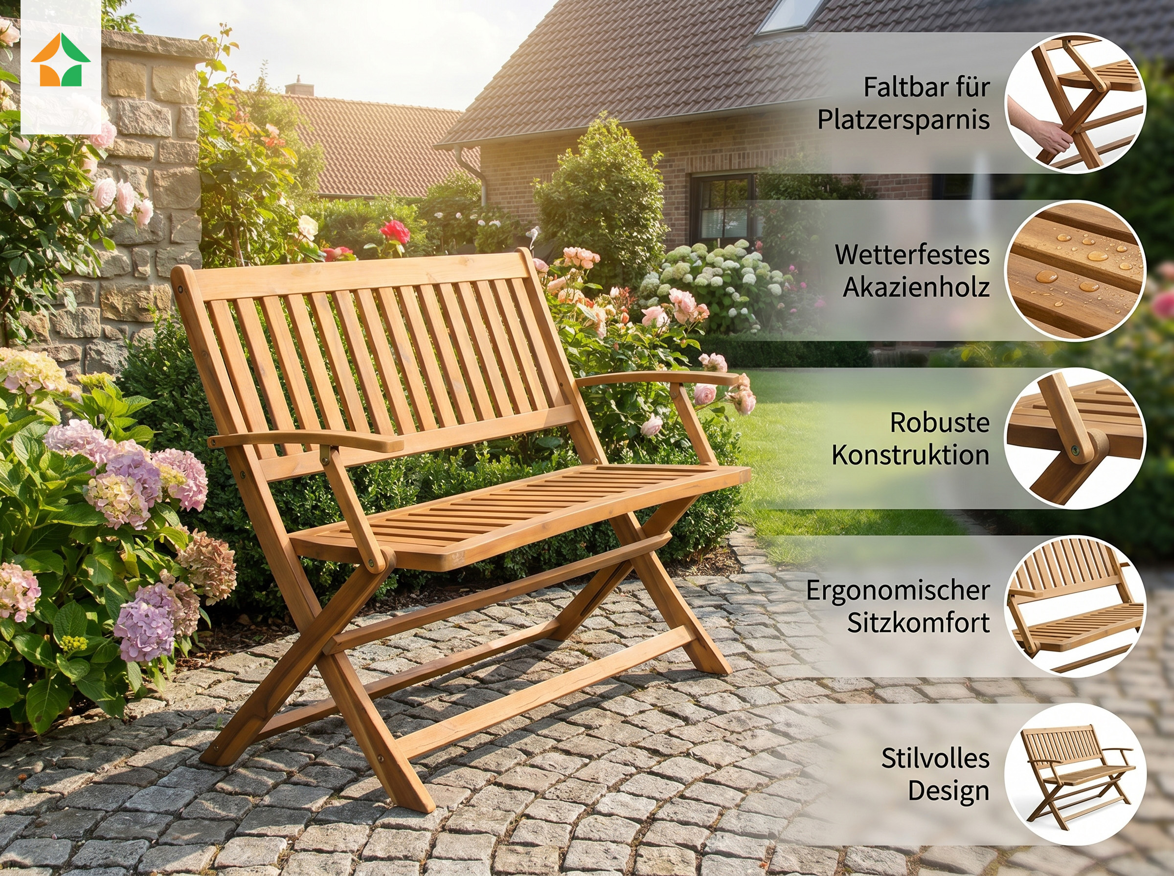 2-Sitzer faltbare Gartenbank aus Akazienholz, ca. 118 x 60 x 90 cm - Braun