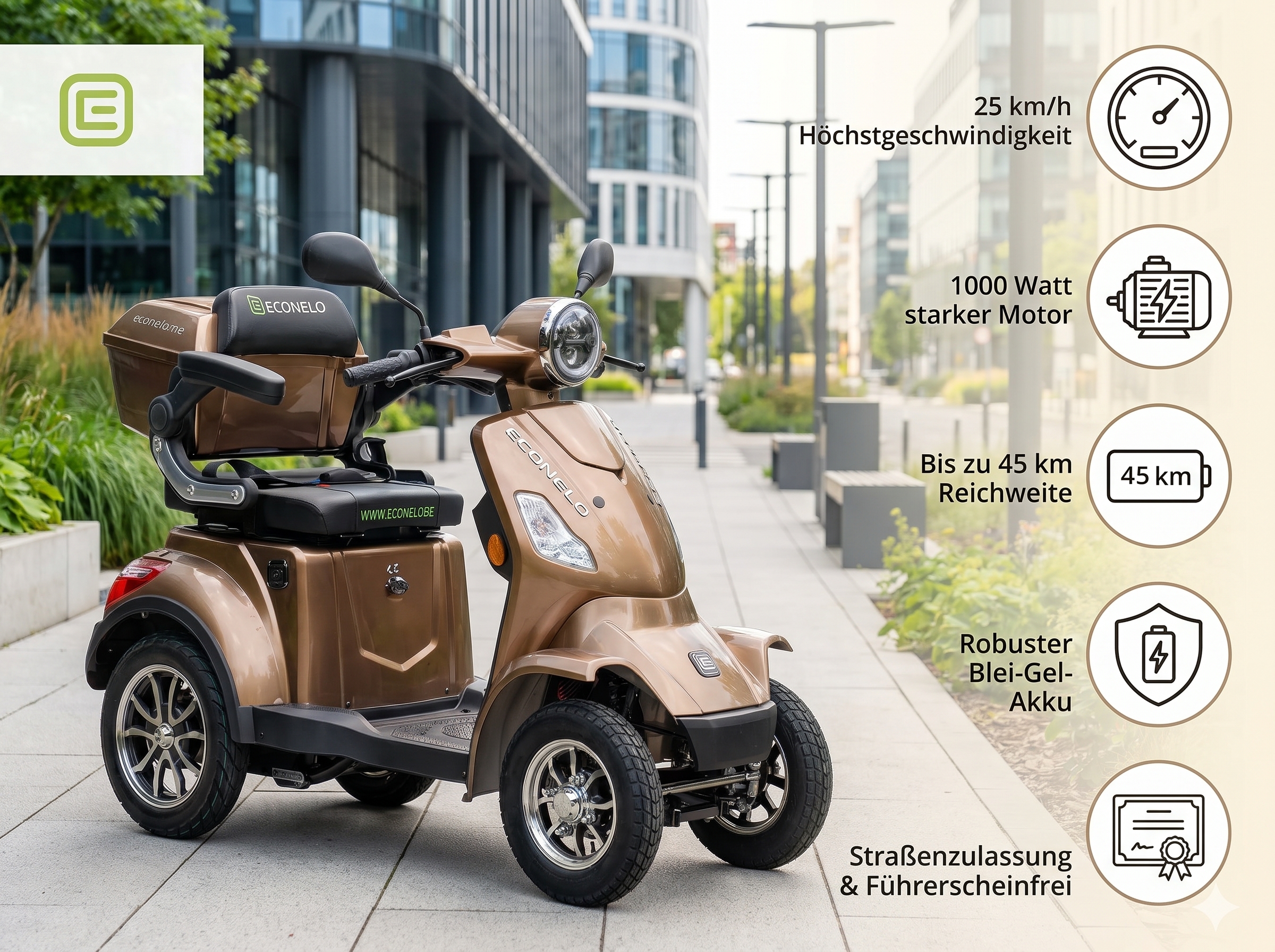 E-Seniorenmobil Voltrixx, Lithium-Akku, 4-Rad, 1000 Watt, Braun