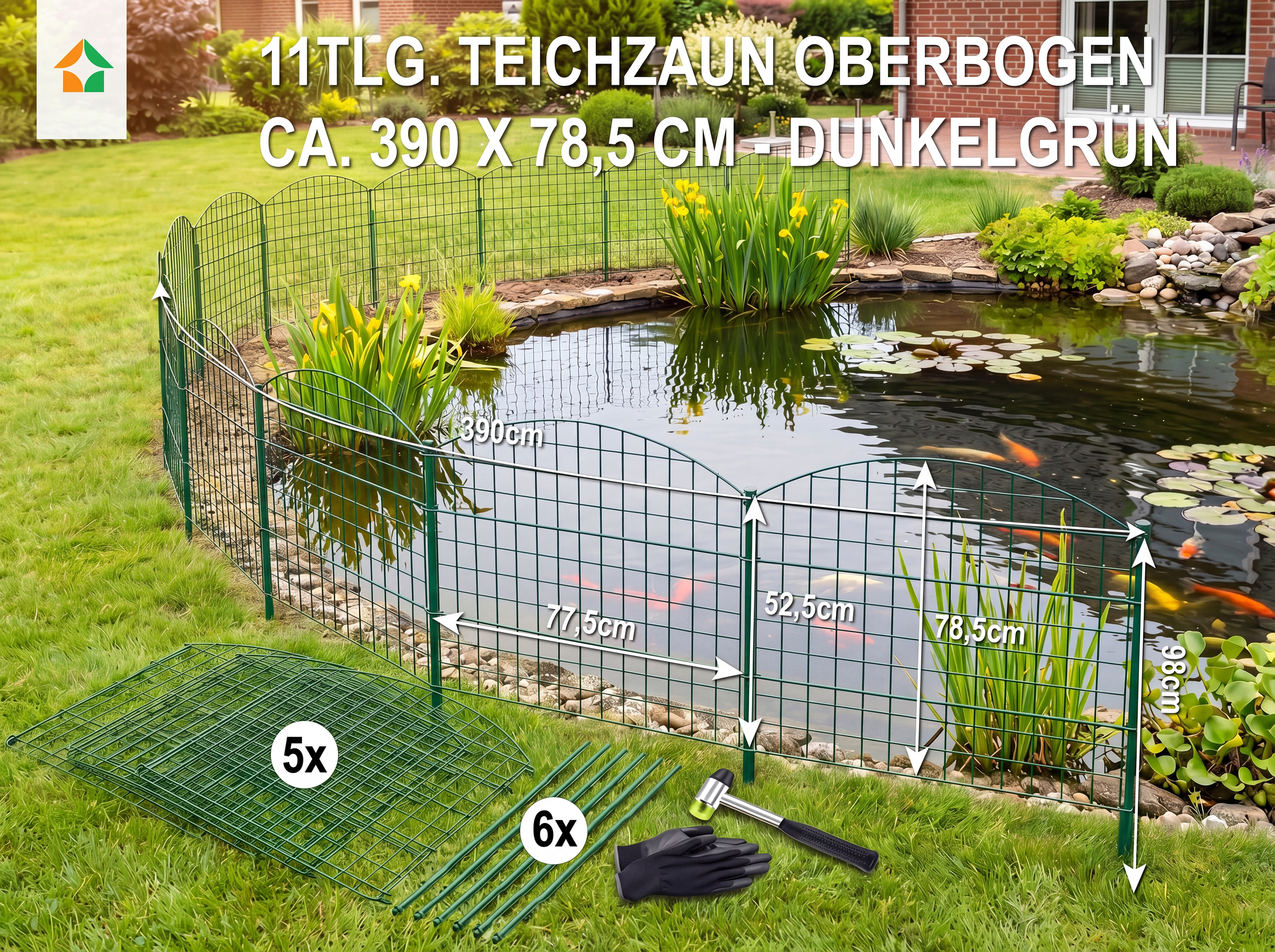Teichzaun Oberbogen mit Starter-Set - ca. 390 x 78,5 cm - Grün