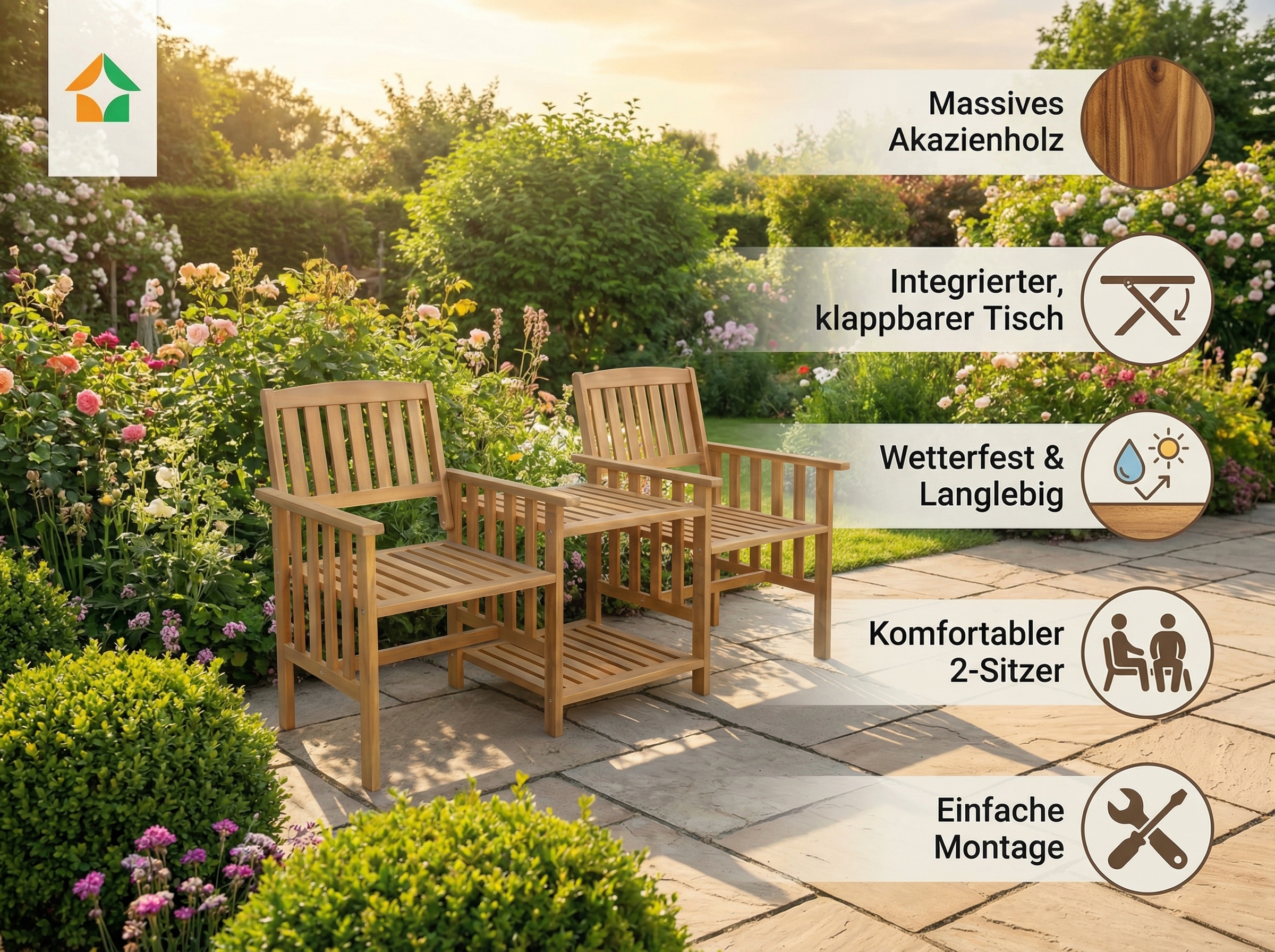 2-Sitzer-Gartenbank mit Beistelltisch klappbar, ca. 163 x 63 x 91 cm - Braun