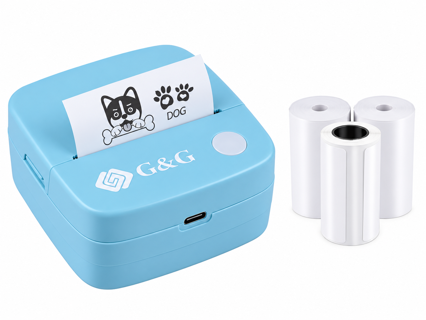 Mini Drucker GA-SD001BL Hellblau inkl. 4 Rollen – Thermodruck ohne Tinte