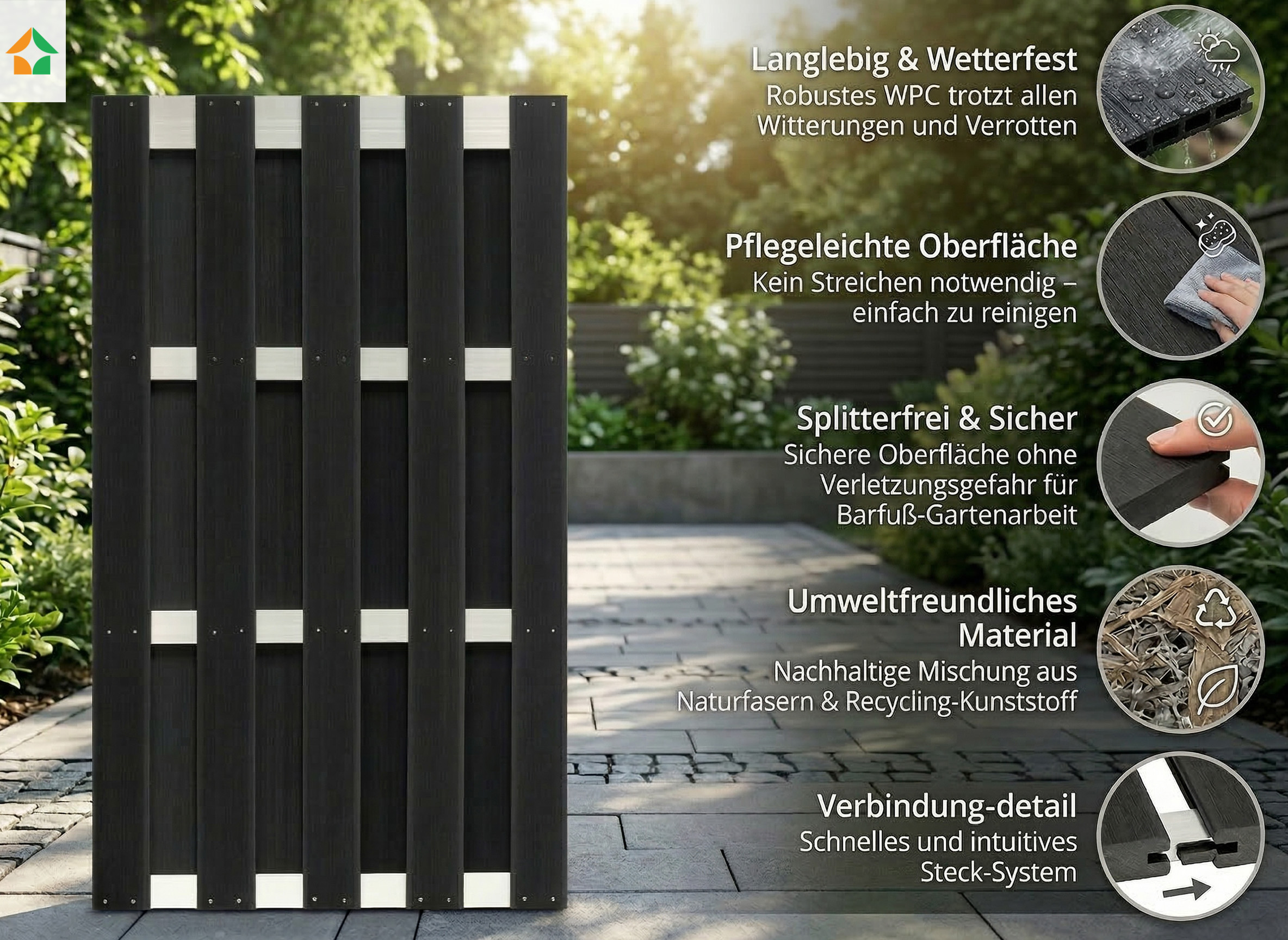 Moderner WPC Sichtschutzzaun Carmeno in Schwarz