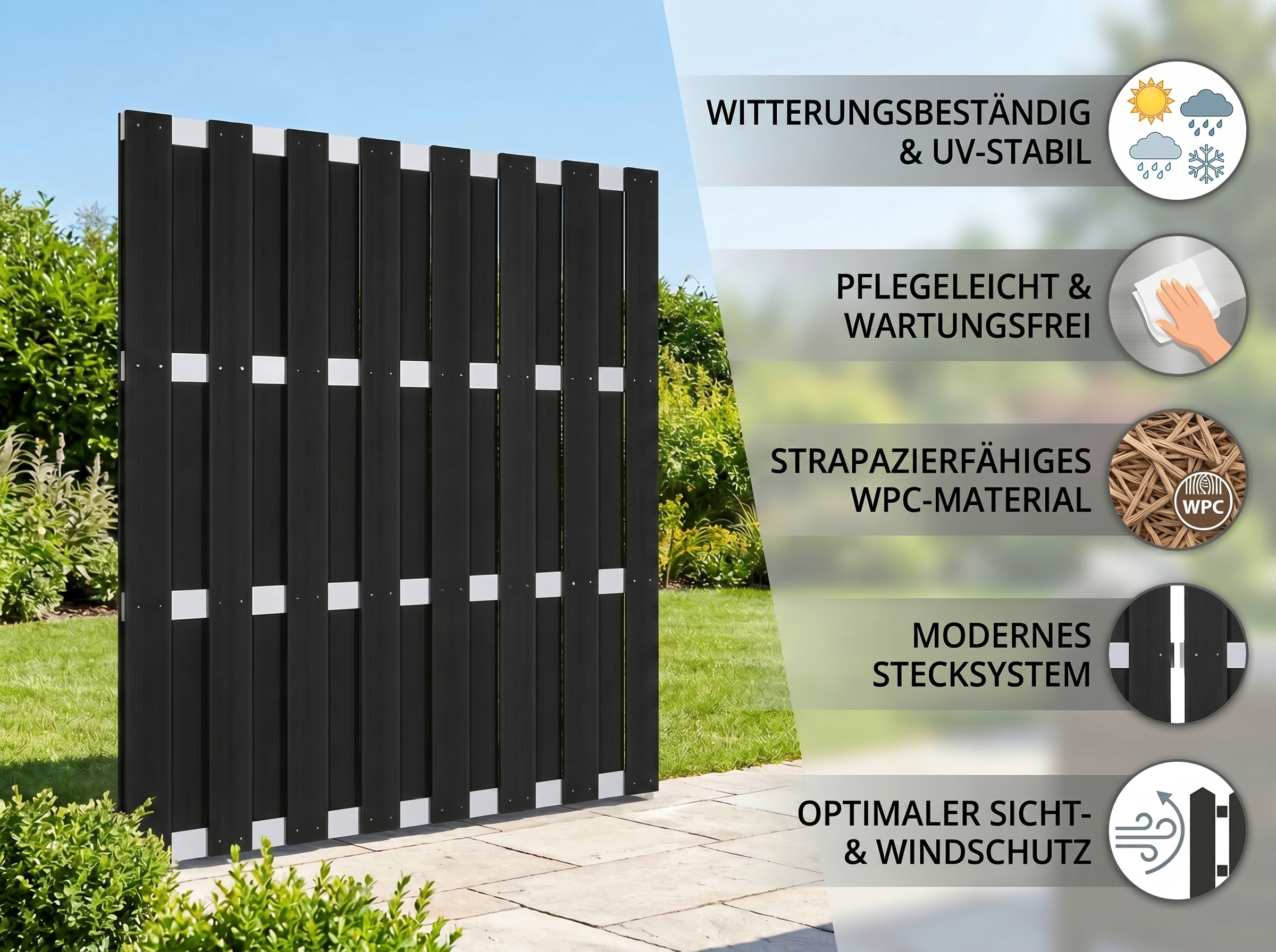 WPC-Sichtschutzzaun CARMENO - 1x Element, ca. 180 x 180 cm - Schwarz