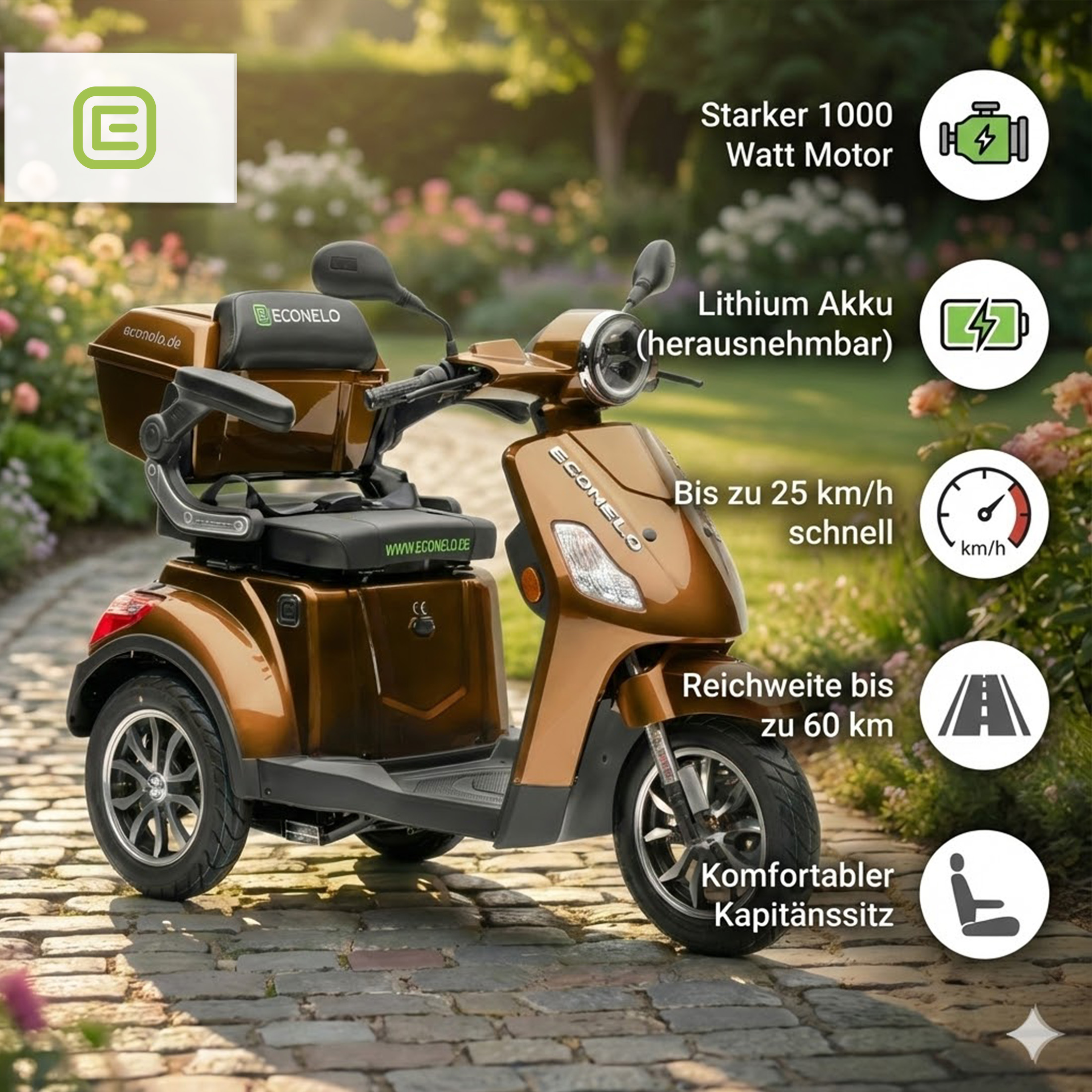 E-Seniorenmobil Yogi-IQ, Blei-Akku, 3-Rad, 1000 Watt, Braun