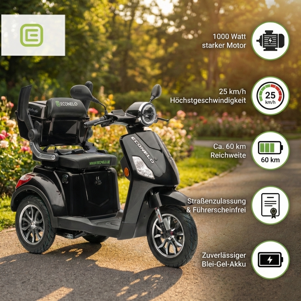 E-Seniorenmobil Yogi-IQ, Lithium-Akku, 3-Rad, 1000 Watt, Schwarz