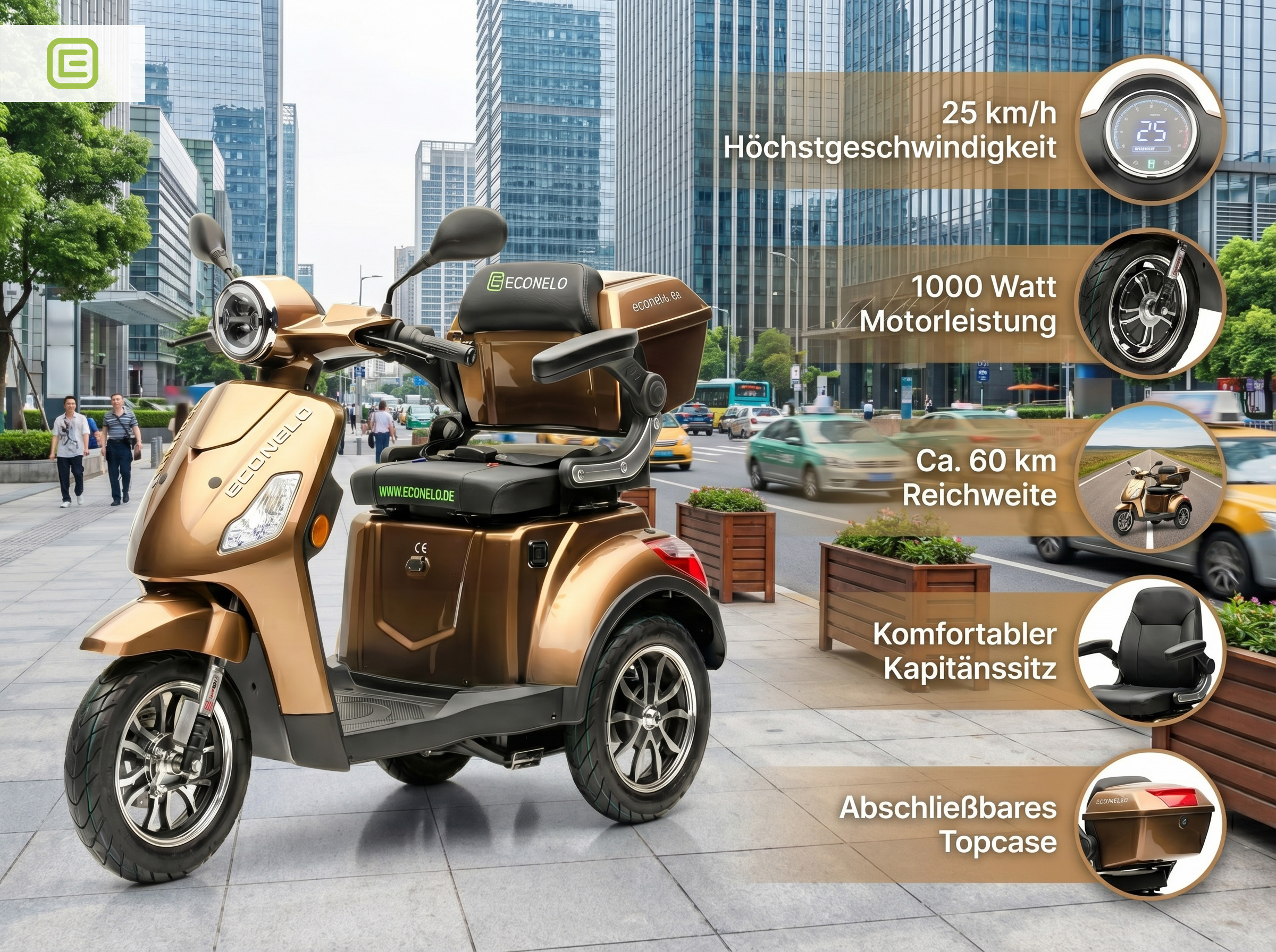 E-Seniorenmobil Yogi-IQ, Lithium-Akku, 3-Rad, 1000 Watt, Braun