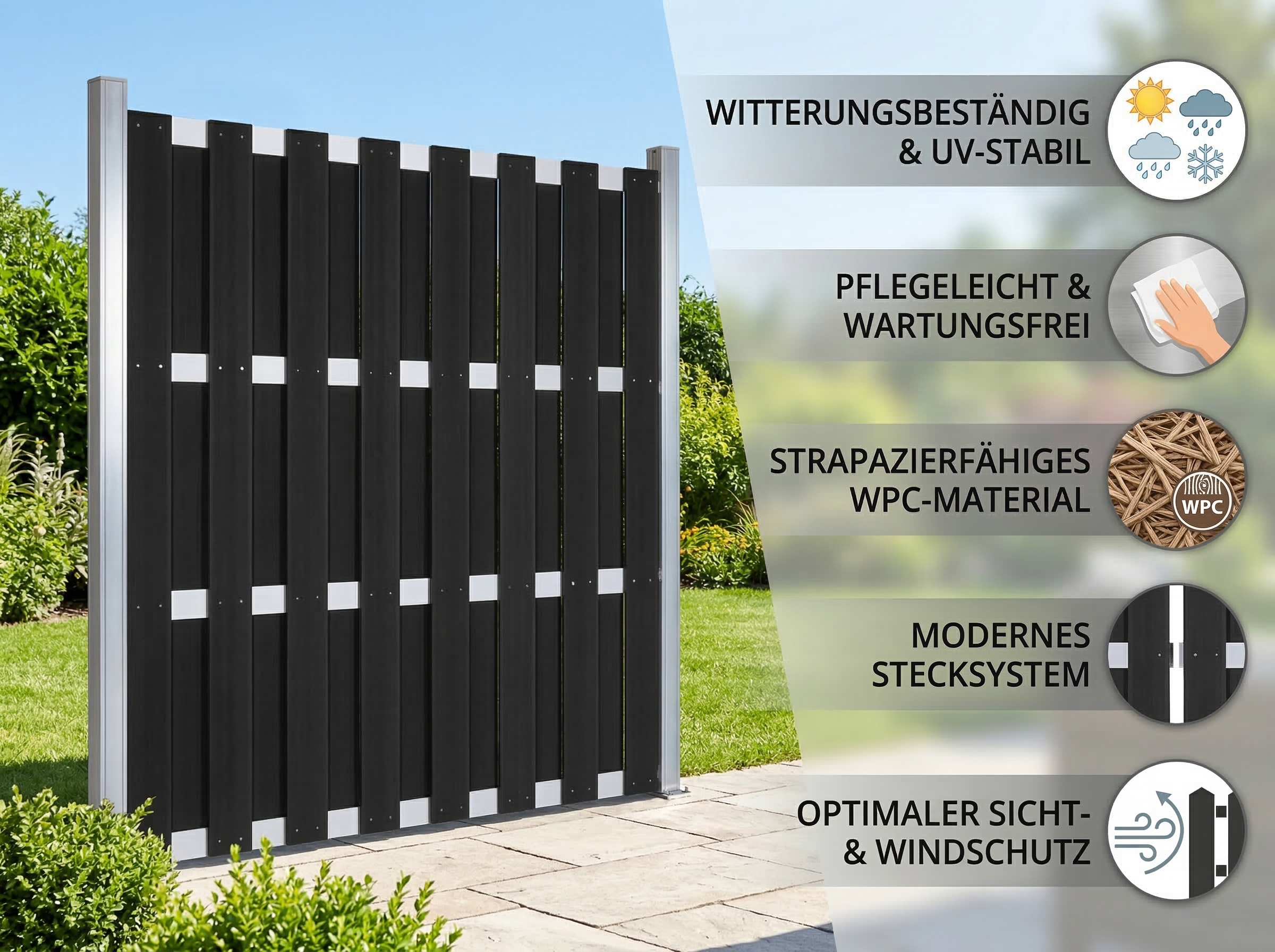 WPC-Sichtschutzzaun CARMENO - 1x Element + 2x Pfosten - Schwarz