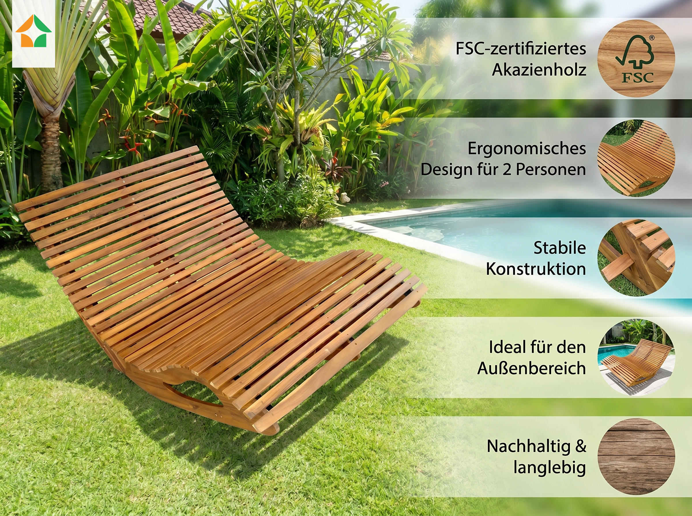 Ergonomische Doppelschwungliege aus Akazienholz - FSC zertifiziert - faltbar