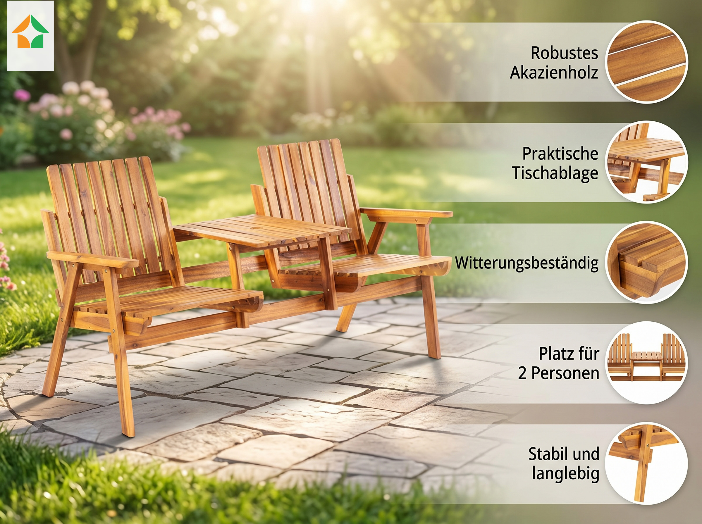 2-Sitzer Gartenbank mit Tischablage aus Akazienholz, ca. 153x65x82 cm - Braun