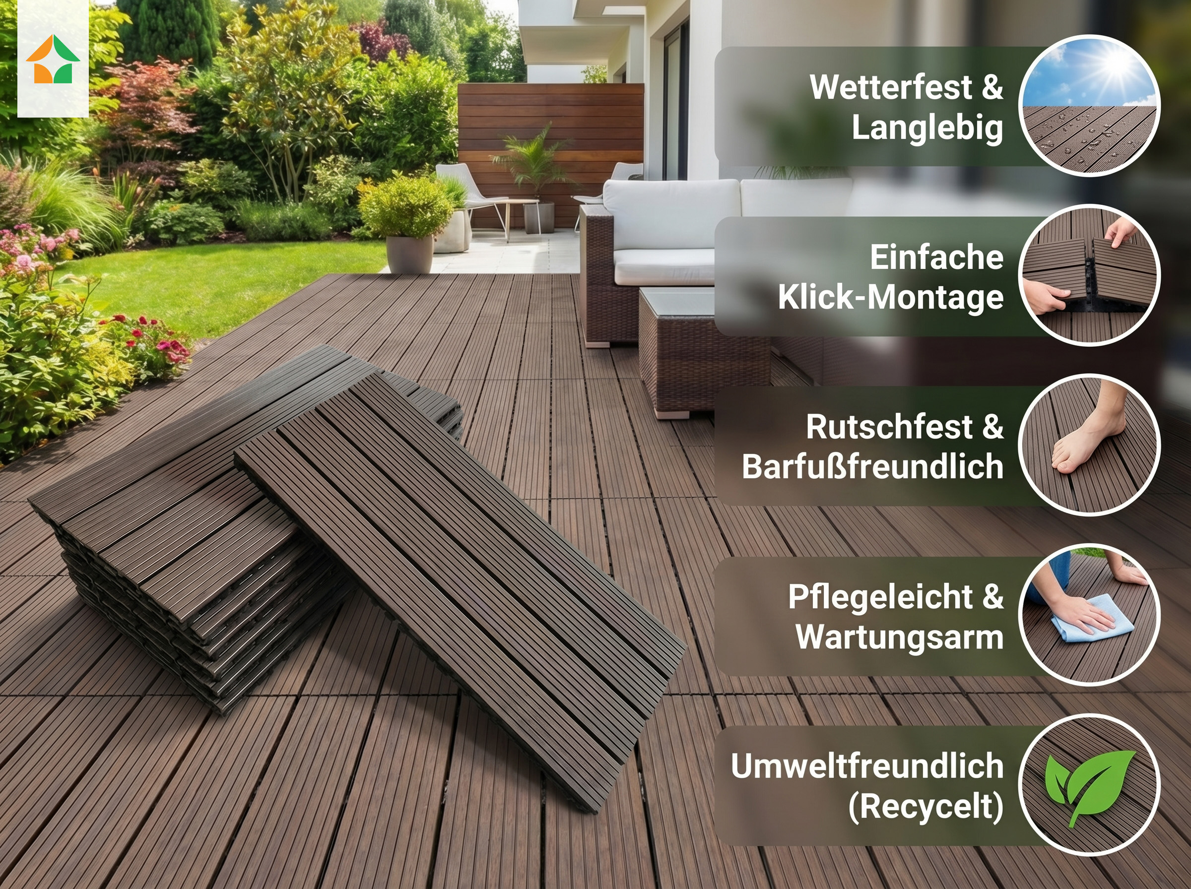 WPC Terrassenfliesen PUERTO PICOLO 60x30 cm, 6pcs/ctn - Kaffeebraun