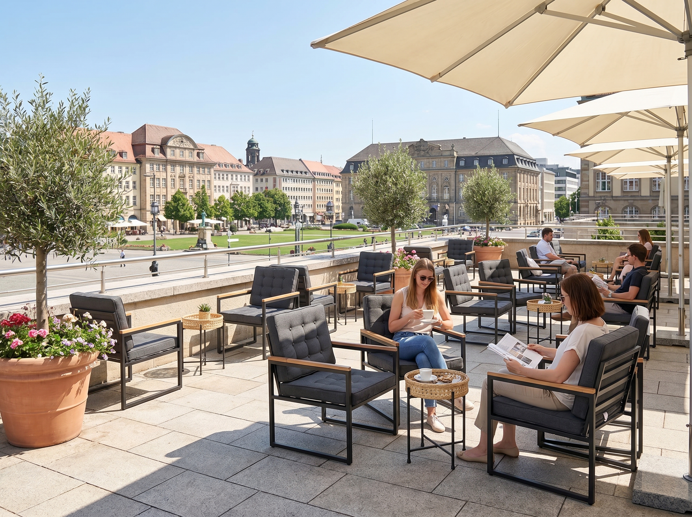 Bistro-Set mit Outdoor-Teppich und Kissen