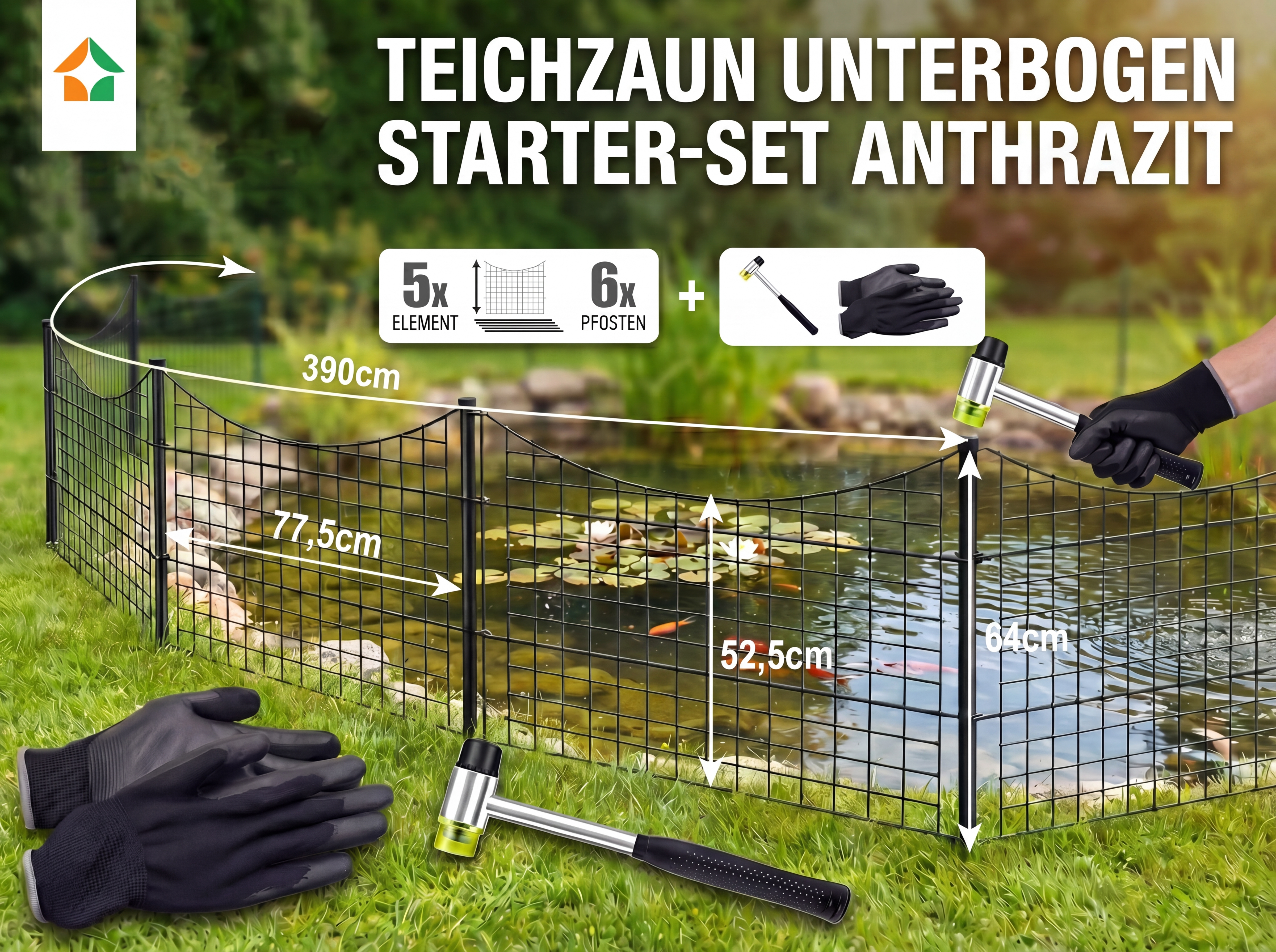 Teichzaun Unterbogen - 5x Element +6x Pfosten + Starter Set - Anthrazit