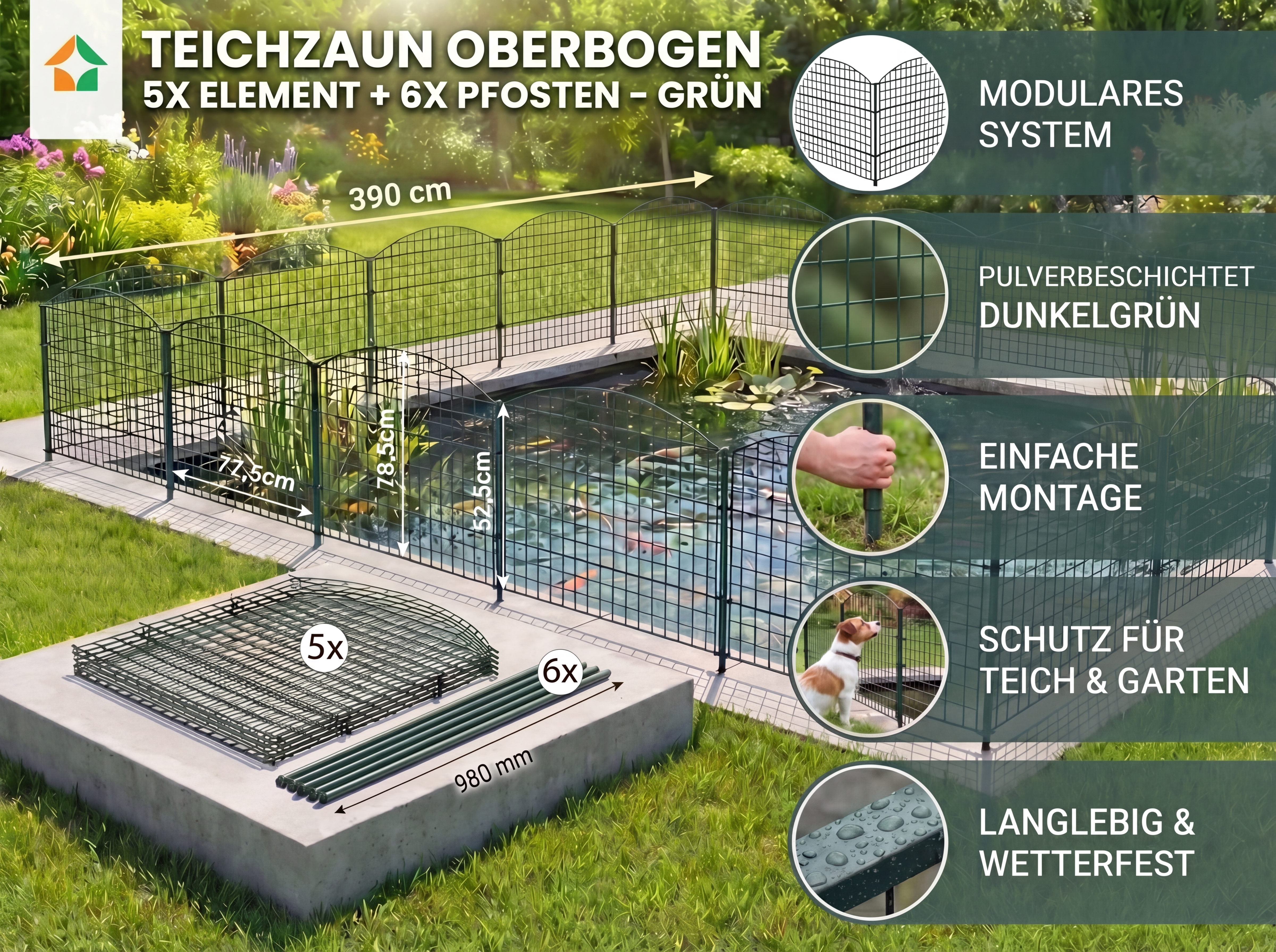Teichzaun Oberbogen Set - 5 Elemente inkl. Hammer & Handschuhe - Grün
