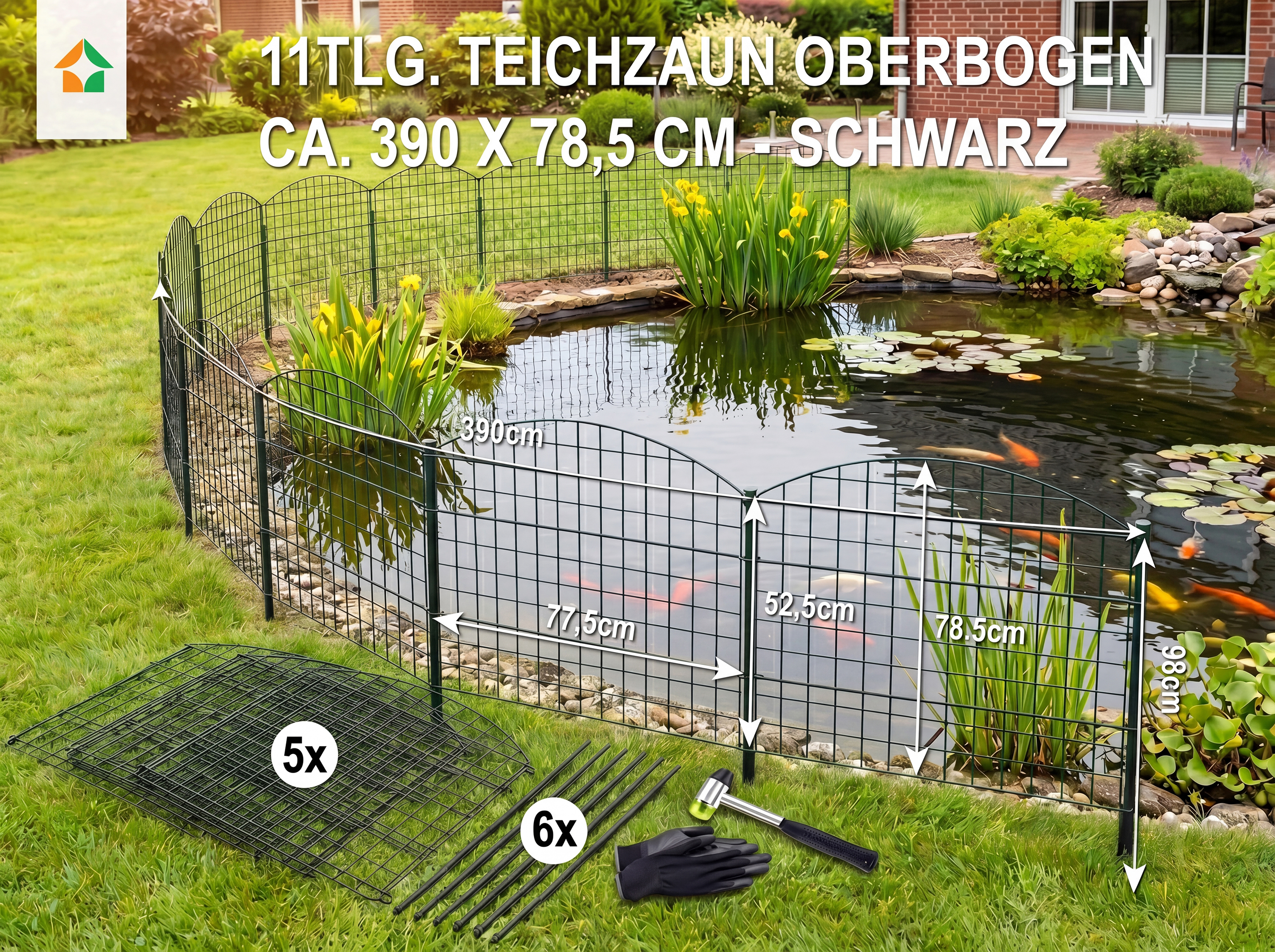 Teichzaun Oberbogen - 5x Element +6x Pfosten + Starter Set - Anthrazit