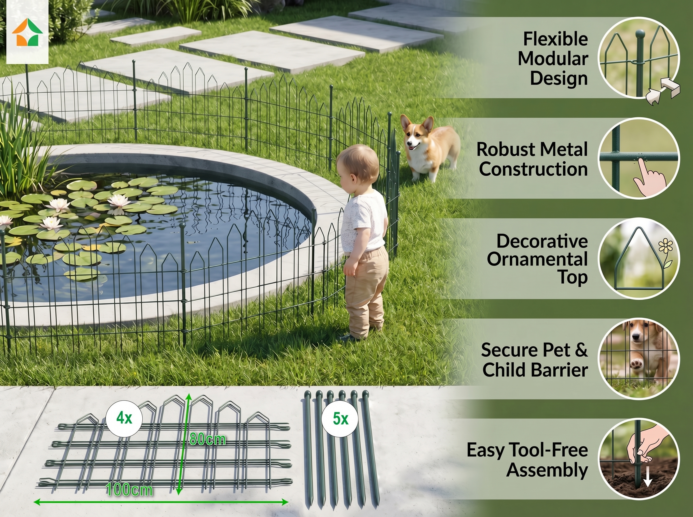 Teichzaun 4er Set, -ca.1000x800mm  - Grün, 21FS05