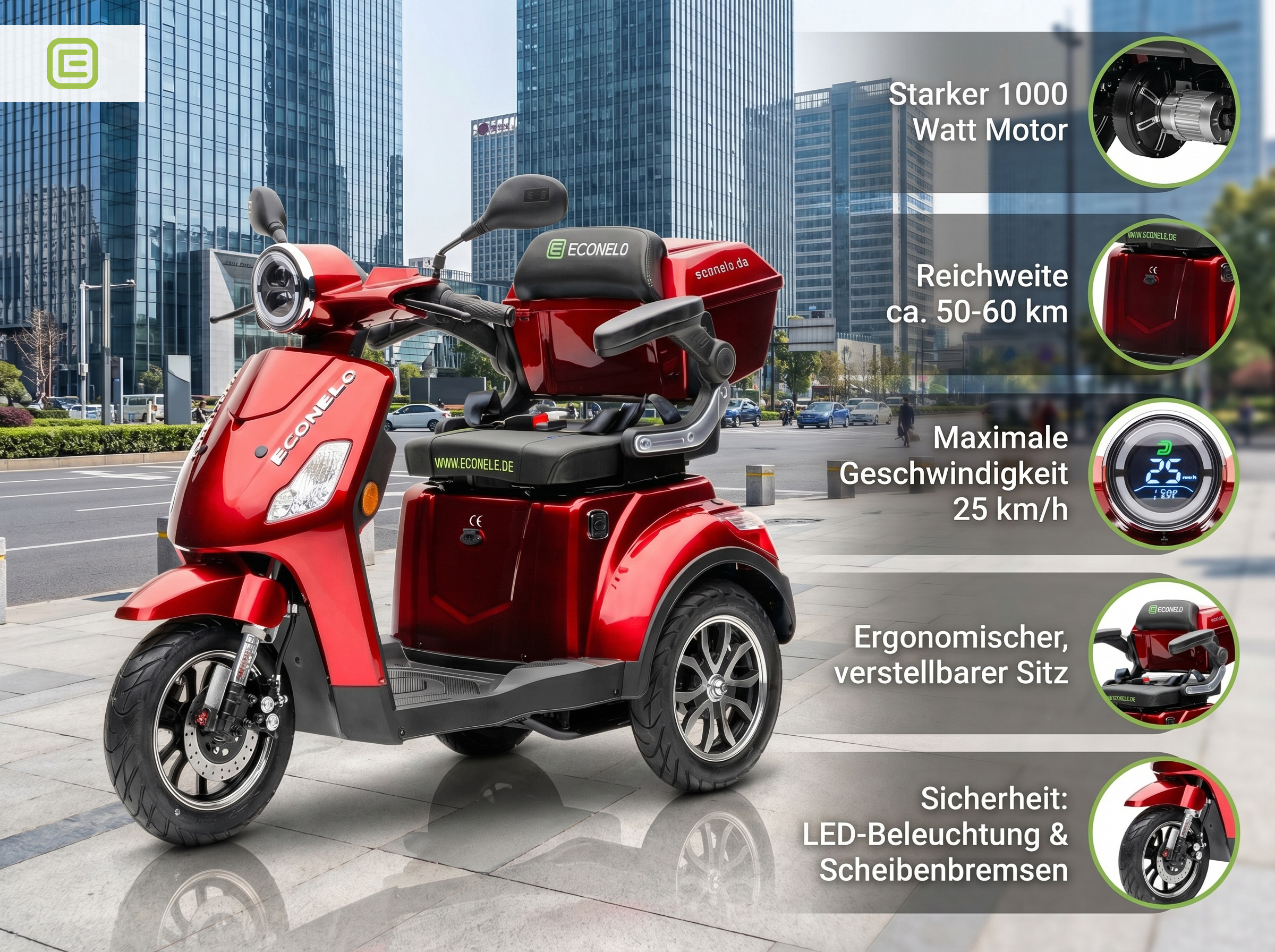 Seniorenmobil P1000, Blei-Akku, 25 km/h, 1000 Watt, Rot