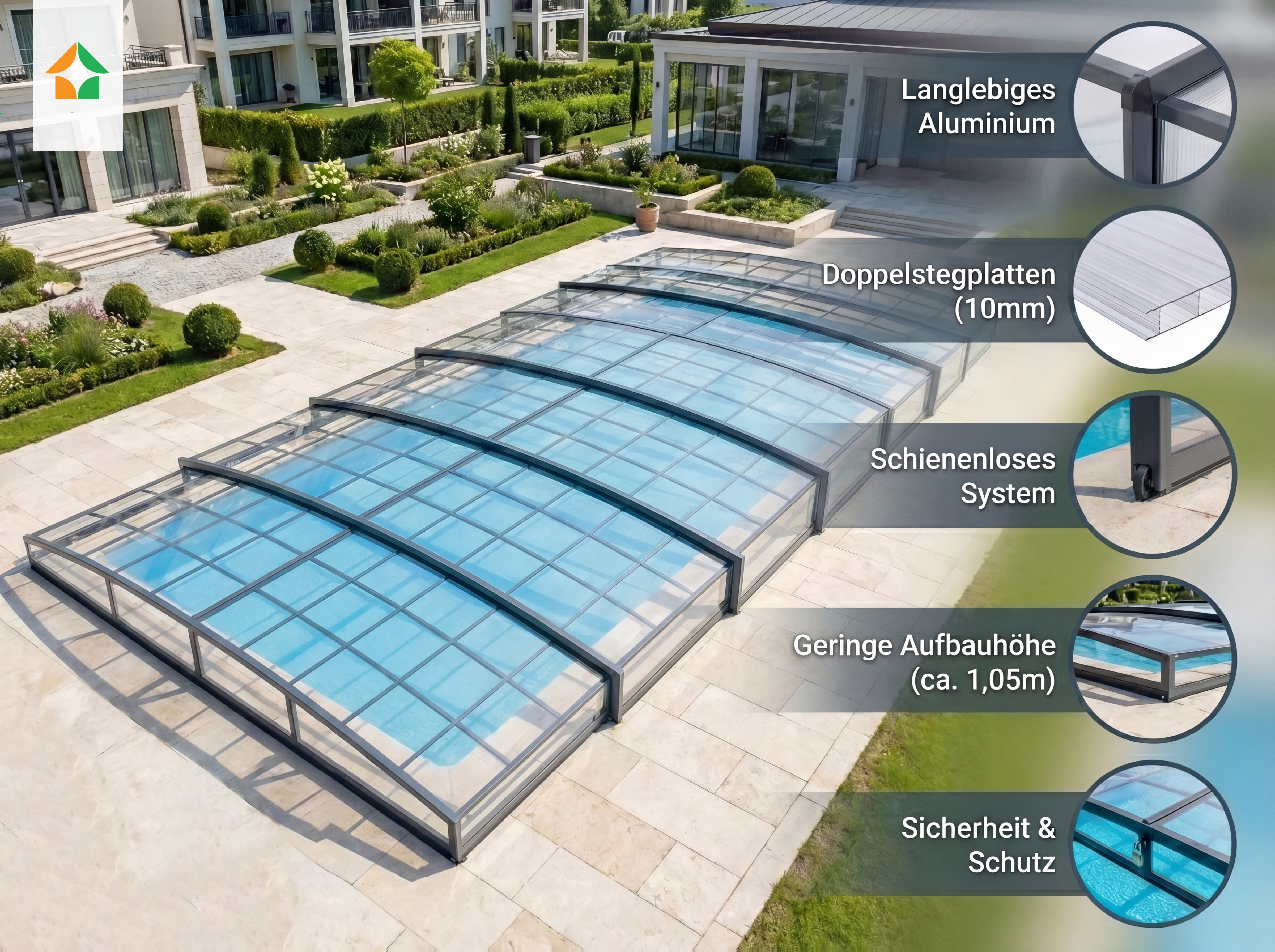 Poolüberdachung Aqualina aus Aluminium, ca. 10,99 x 4,26 x 1,05 m