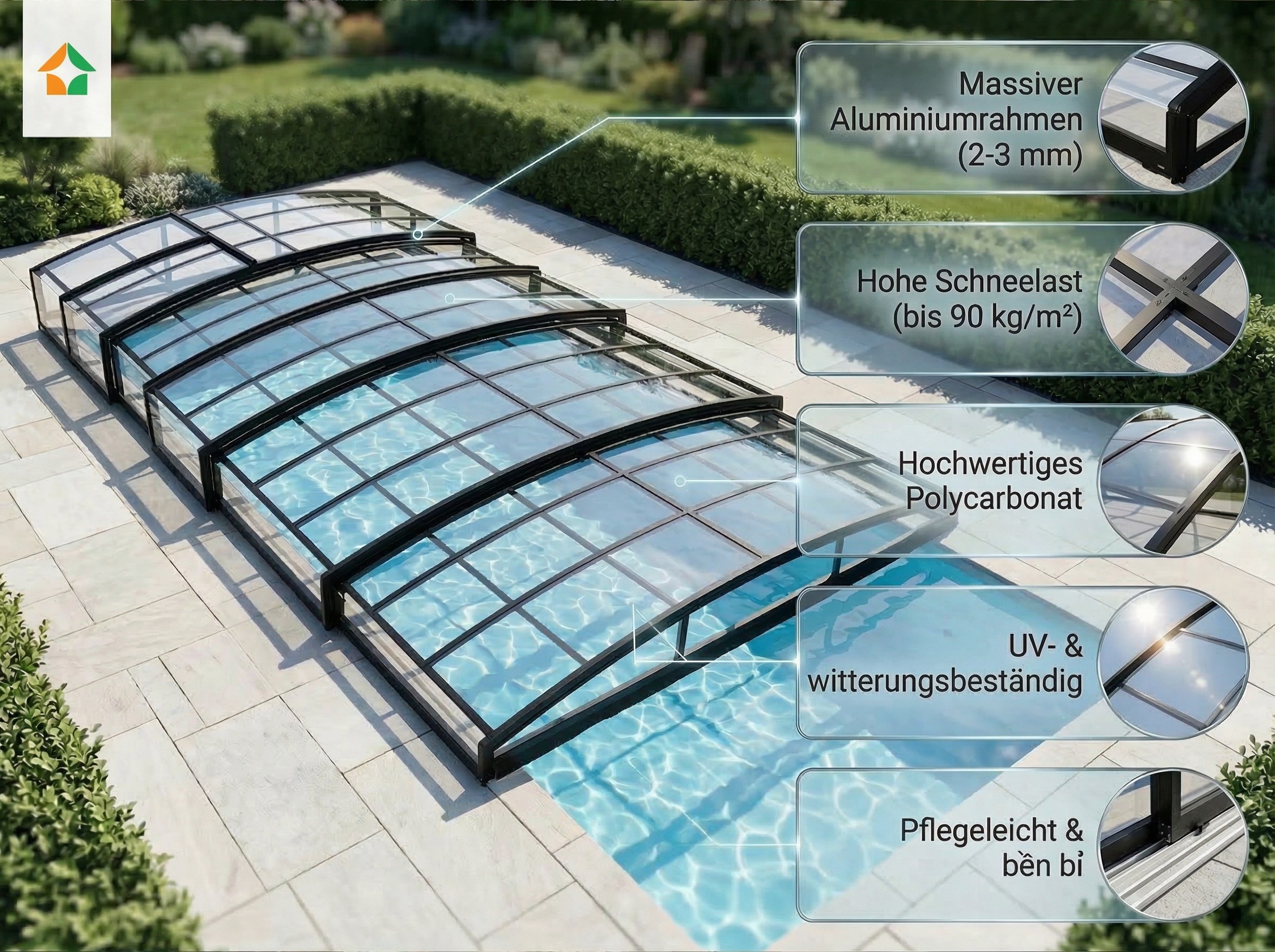 Poolüberdachung Aqualina aus Aluminium, ca. 8,81 x 4,26 x 0,92 m