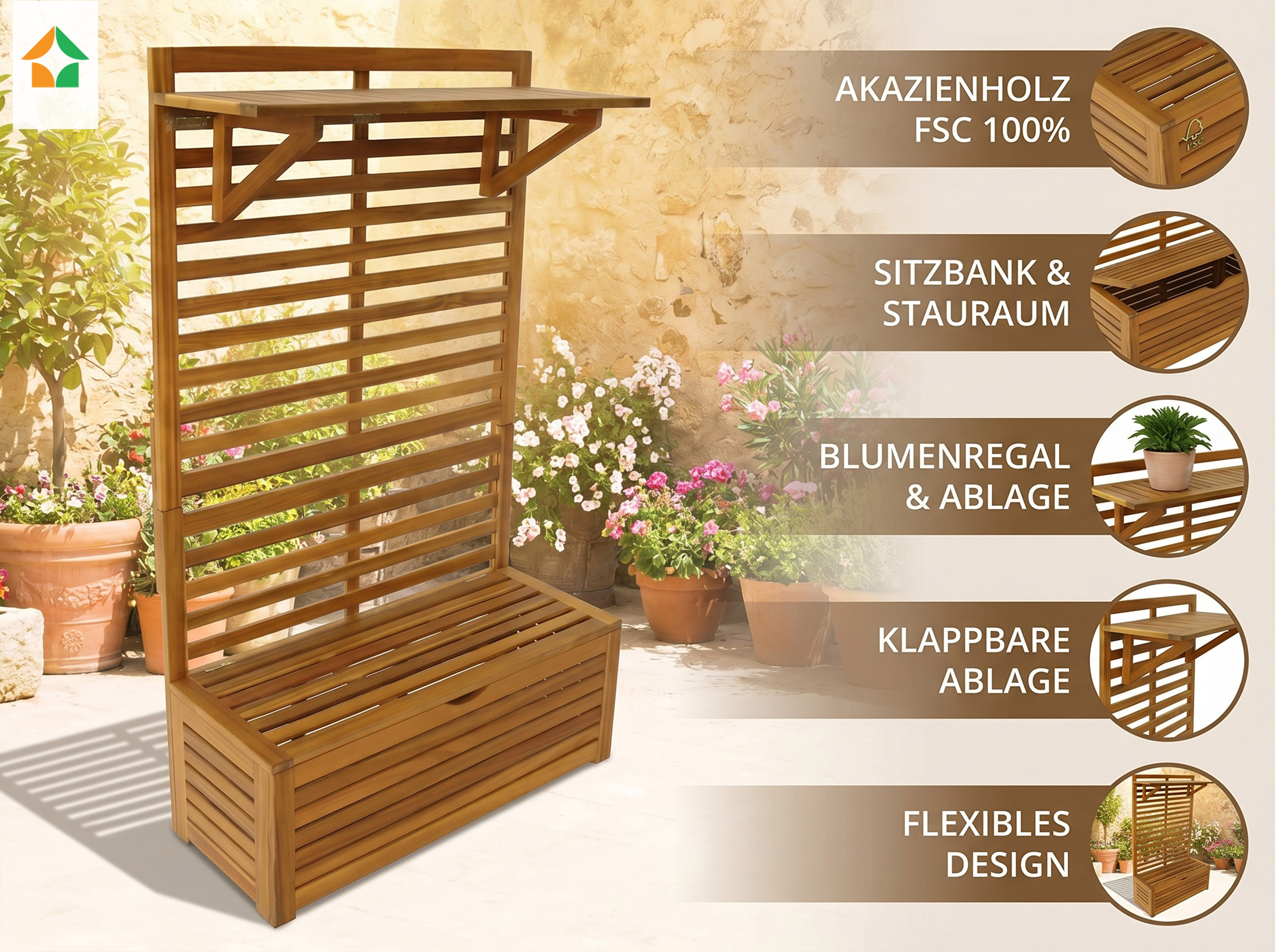 Blumenregal mit Sitzbank & Aufbewahrung aus Akazienholz FSC, 70x32x117 cm