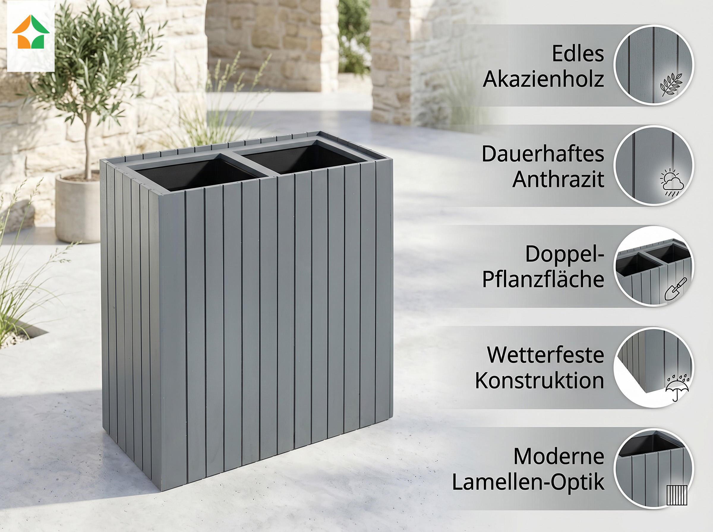 Pflanzkübel aus Akazie, quadratisch, ca. 57 x 30 x 64 cm - Anthrazit