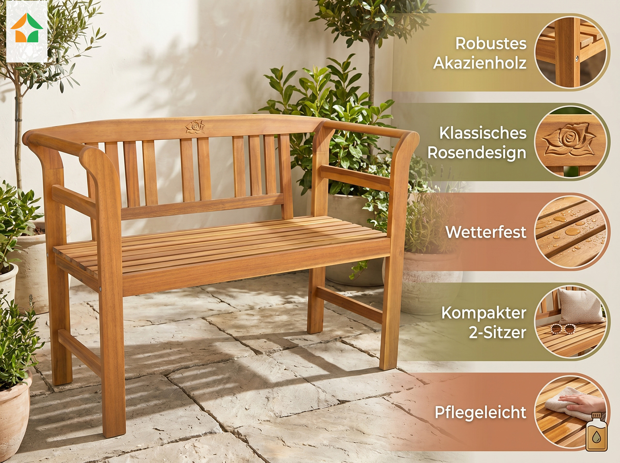 2-Sitzer Gartenbank aus Akazienholz, ca. 115 x 48,5 x 82 cm - Rose