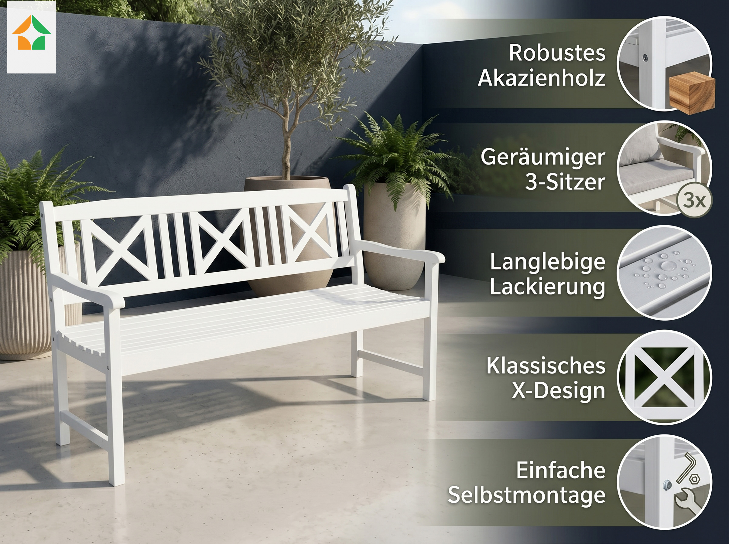 3-Sitzer Gartenbank aus Akazienholz, ca. 150 x 61 x 89 cm - Weiß
