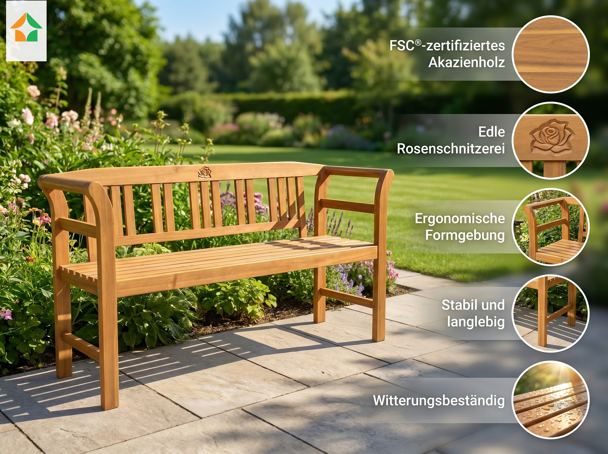 3-Sitzer Gartenbank aus Akazienholz 157 x 49 x 82cm - Rose