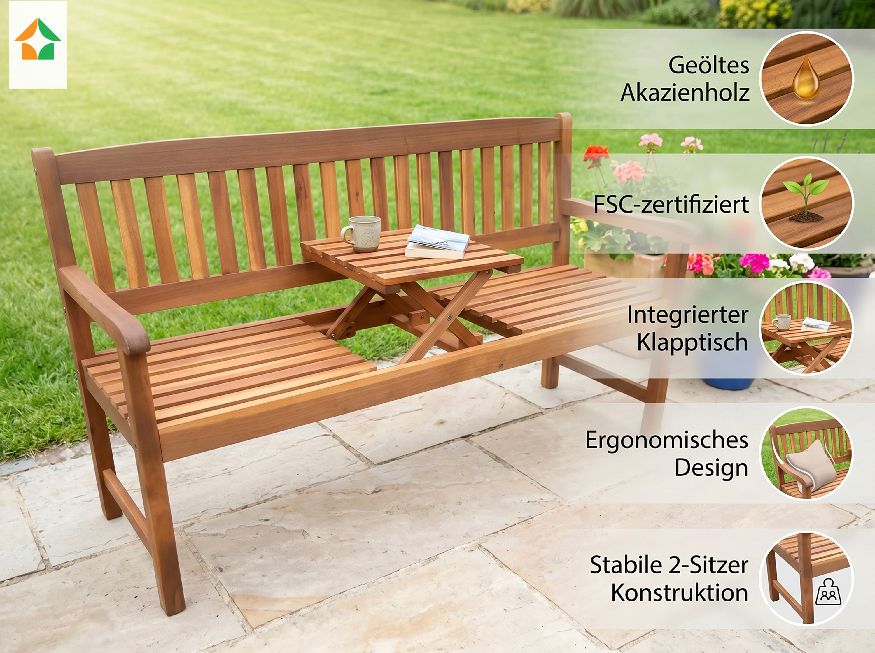 2-Sitzer Gartenbank mit Klapptisch aus Akazienholz FSC, 153x57x88 cm