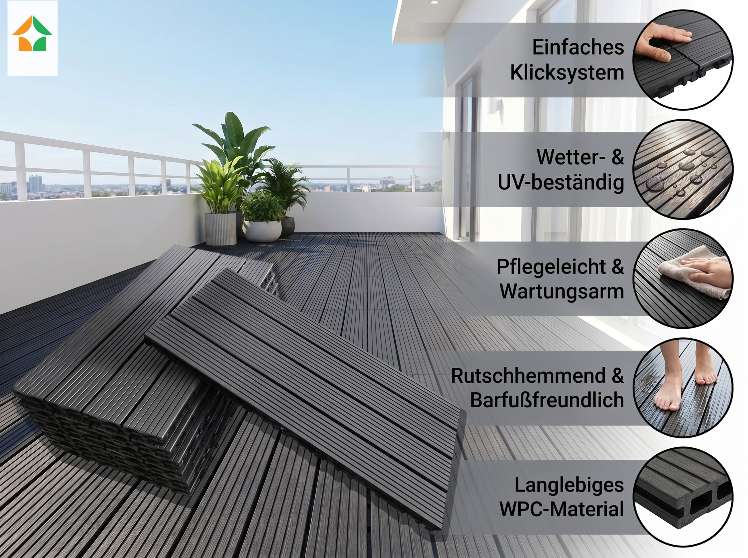 WPC Terrassenfliesen PUERTO PICOLO 60x30 cm, 6pcs/ctn - Anthrazit