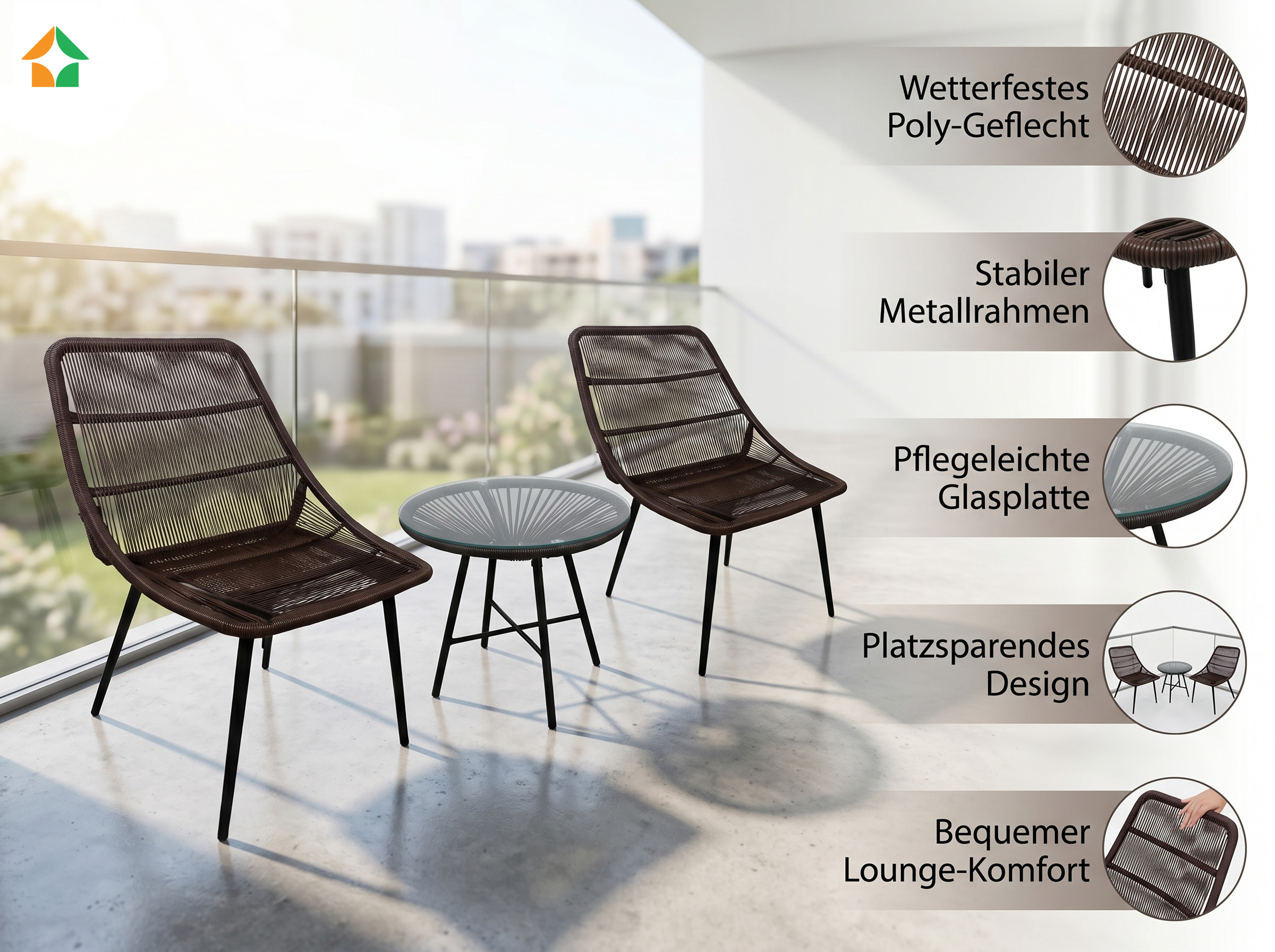 3tlg. Balkonsitzgruppe aus Poly-Geflecht - Braun