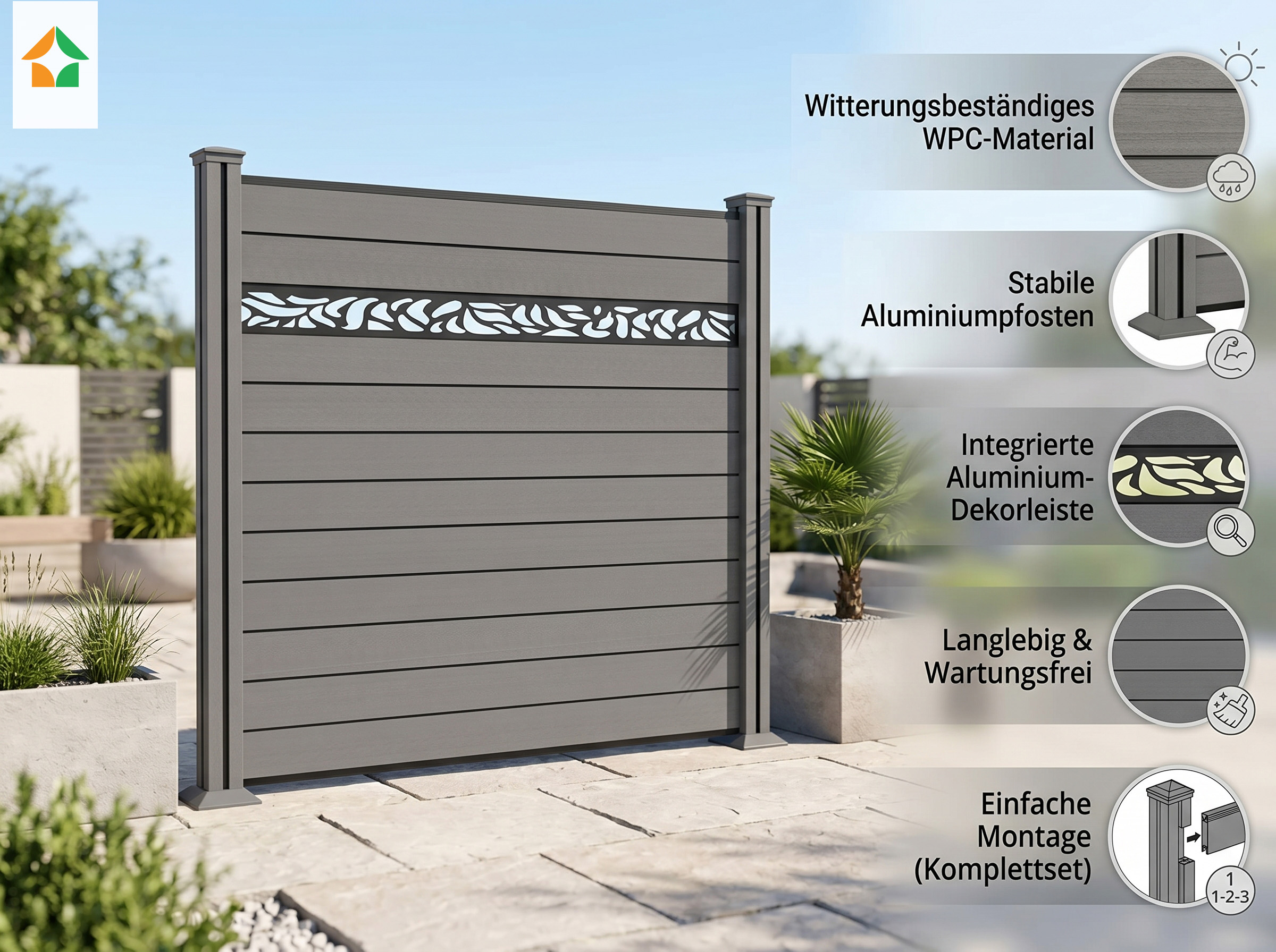 WPC-Sichtschutzzaun Valla Alu Dekor H190 - 1x Element + 2 Pfosten - Grau
