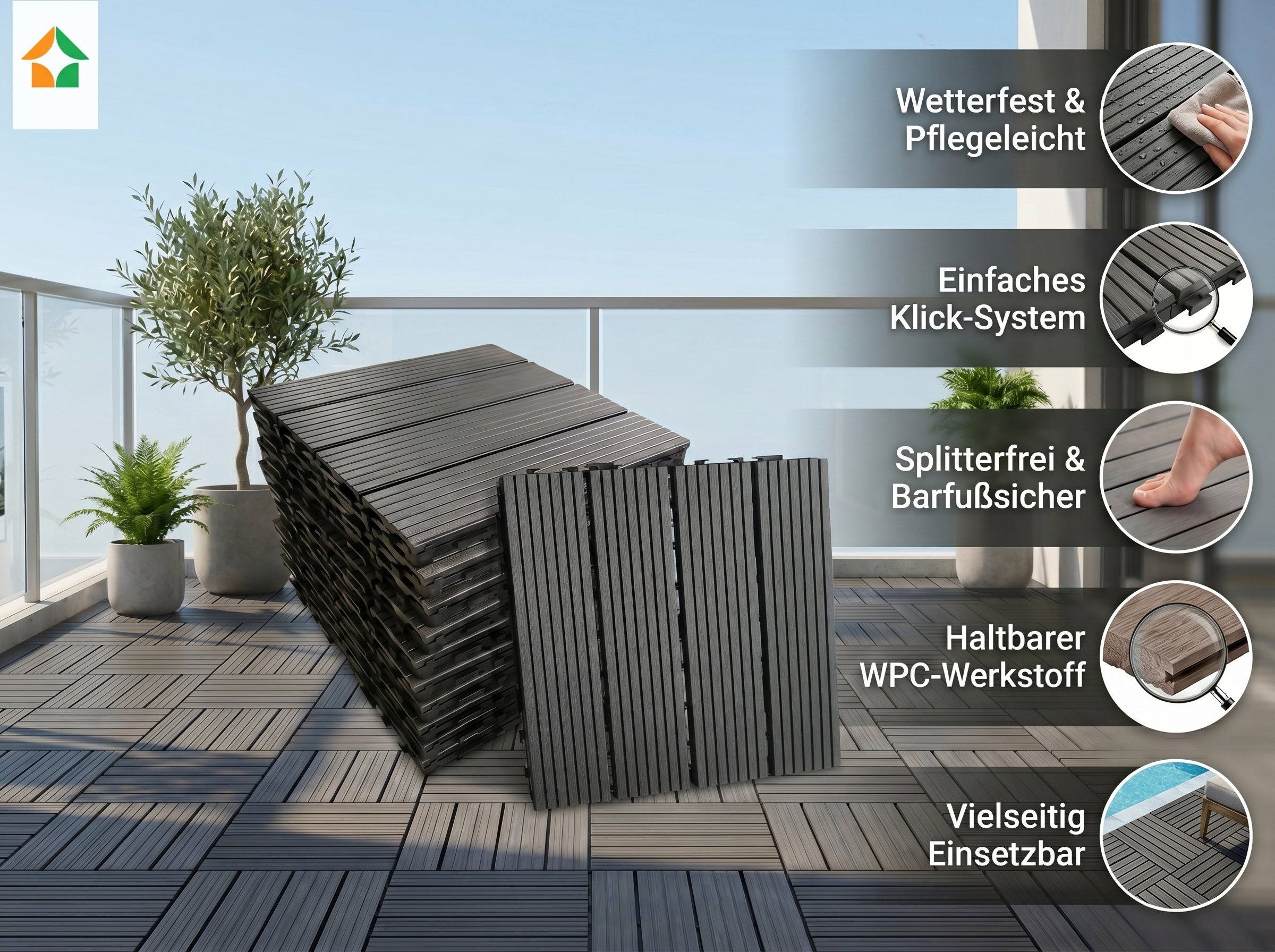WPC Terrassenfliesen MAURICE 30x30 cm, 11pcs/ctn  - Anthrazit