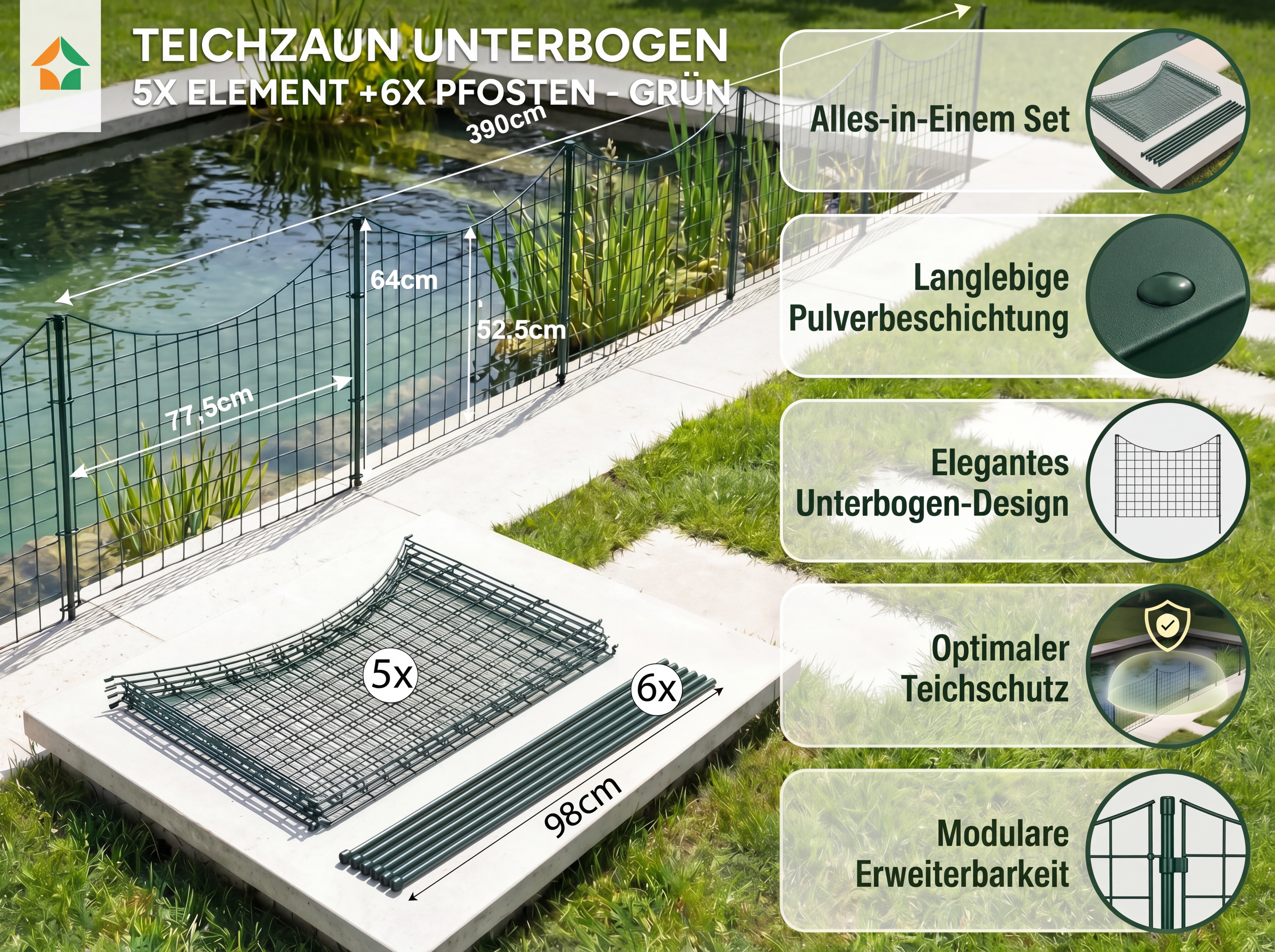 Teichzaun Unterbogen 11tlg. - 5x Element +6x Pfosten - Grün