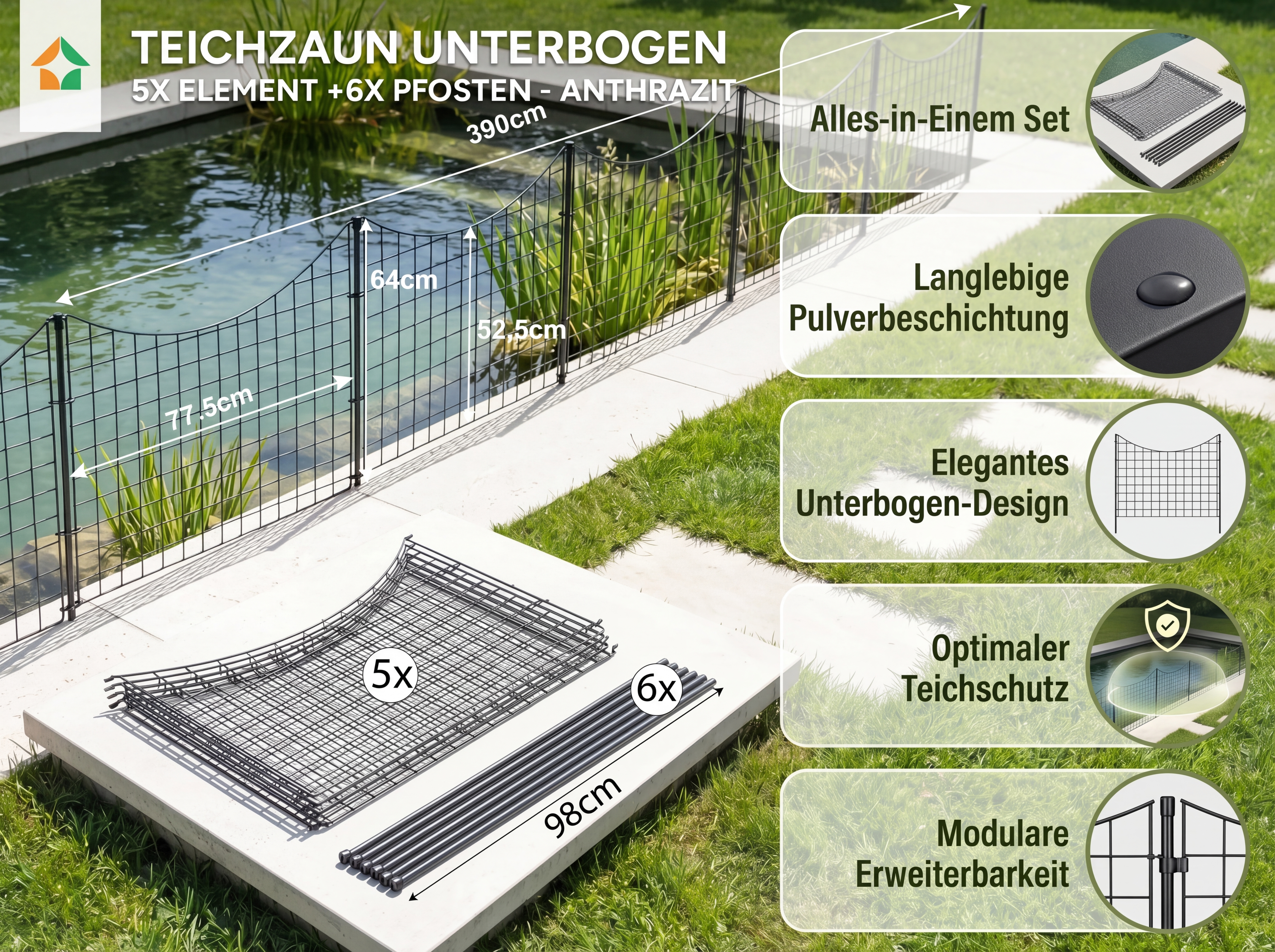 Teichzaun Unterbogen 11tlg. - 5x Element +6x Pfosten - Anthrazit