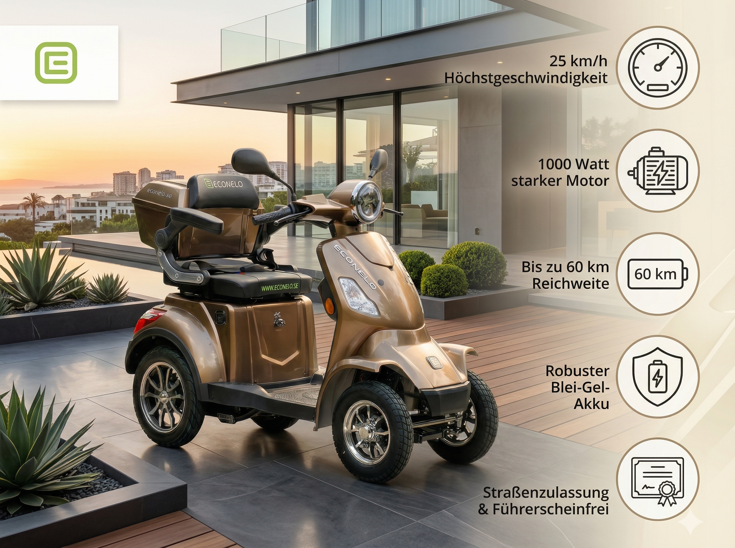 Seniorenmobil P4000, Blei-Akku, 25 km/h, 1000 Watt, Braun