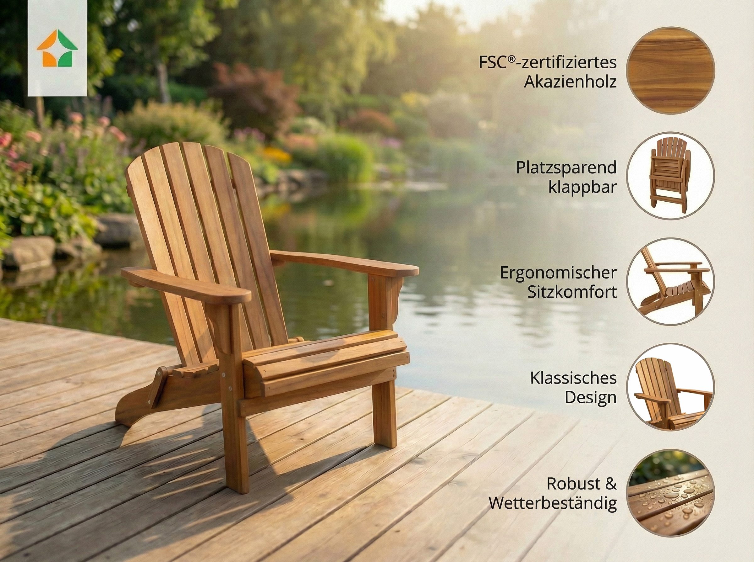 Klappbarer Liegestuhl Adirondack aus Akazie, ca. 87 x 69 x 94.5 cm - Braun